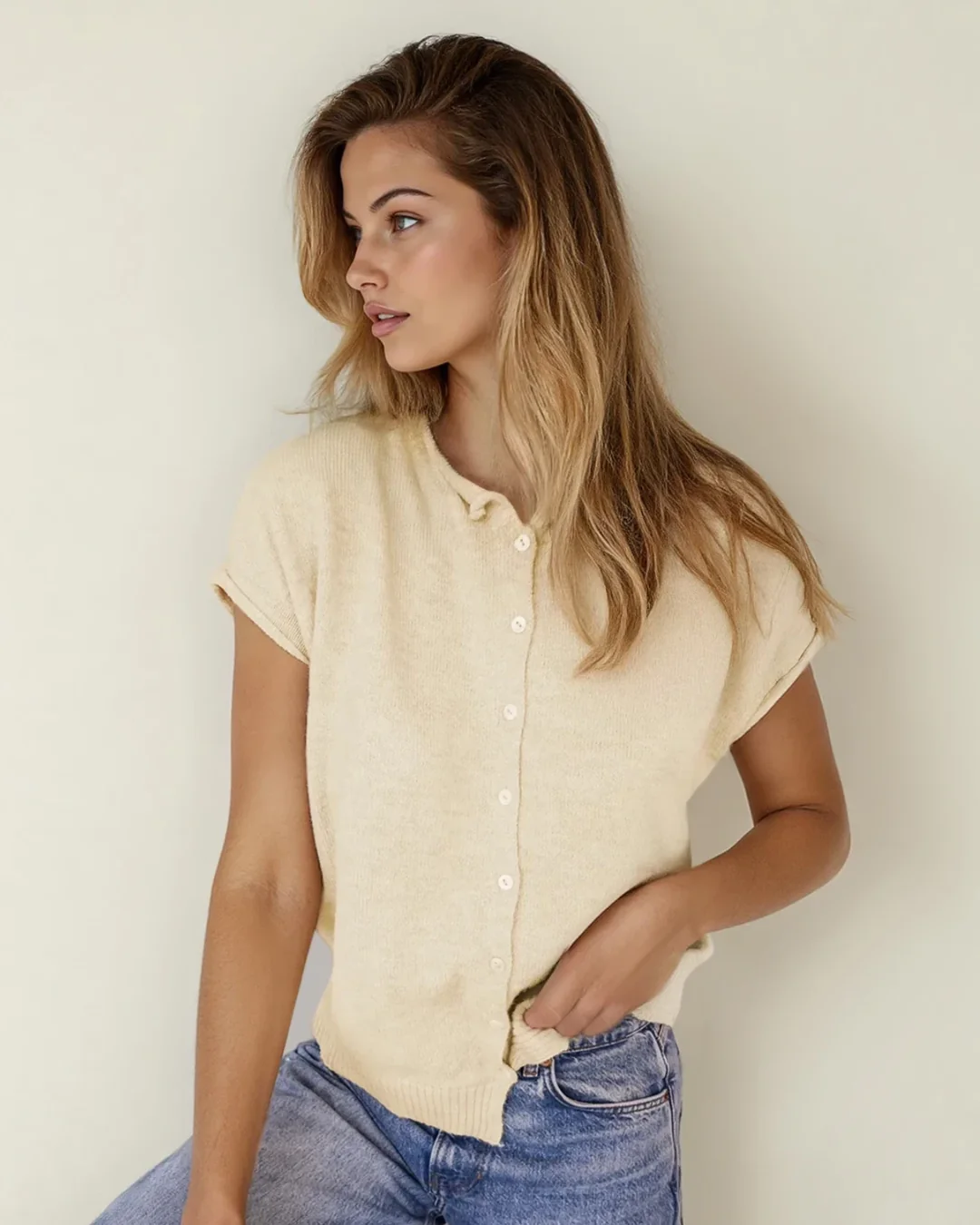 Kiara Buttoned Front Rolled Hem Cap Sleeve Sweater Top - Image 2