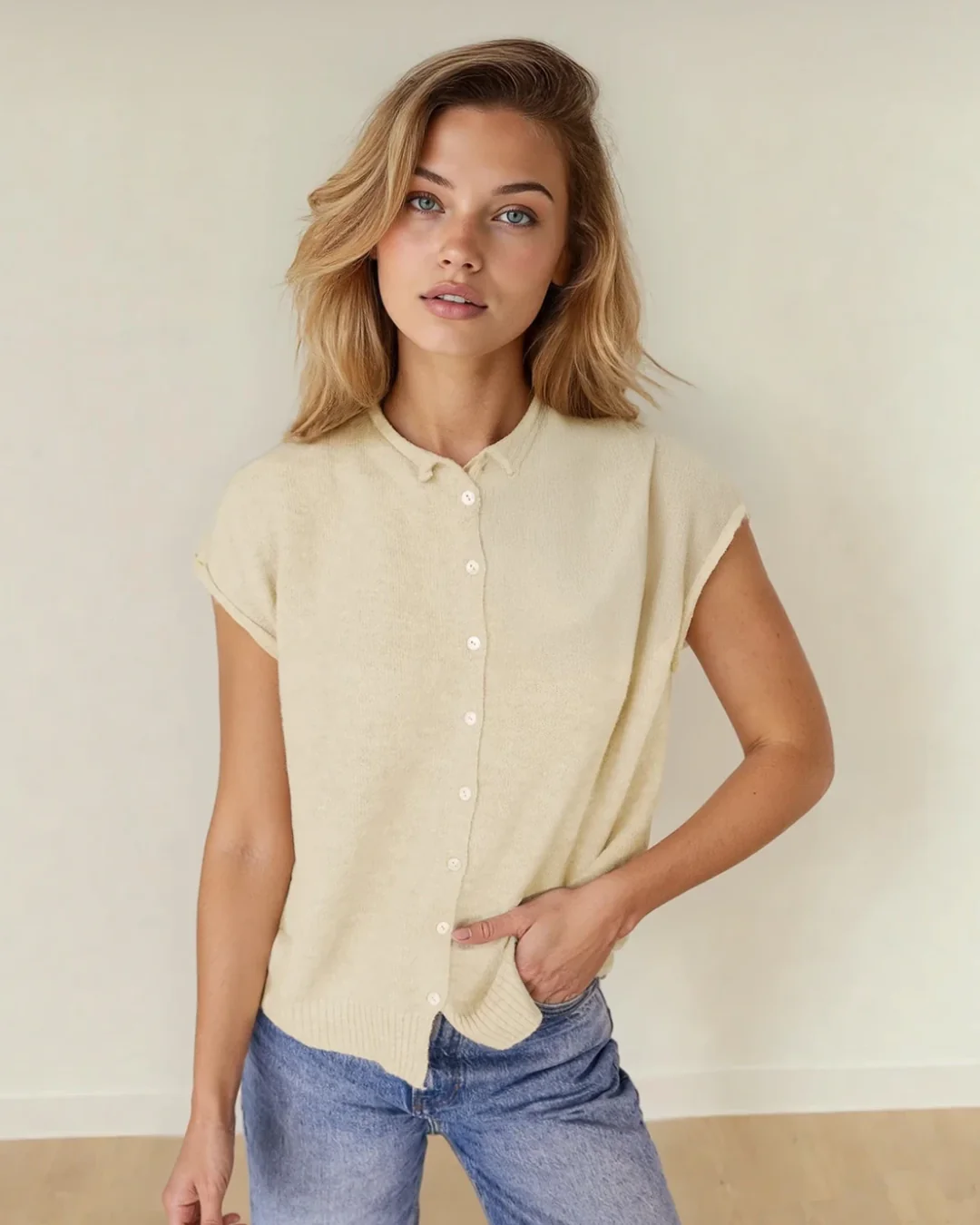 Kiara Buttoned Front Rolled Hem Cap Sleeve Sweater Top - Image 3