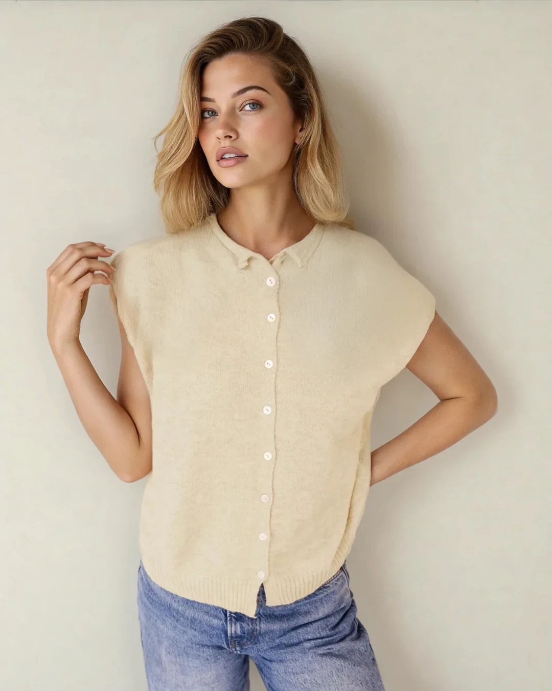 Kiara Buttoned Front Rolled Hem Cap Sleeve Sweater Top - Image 4