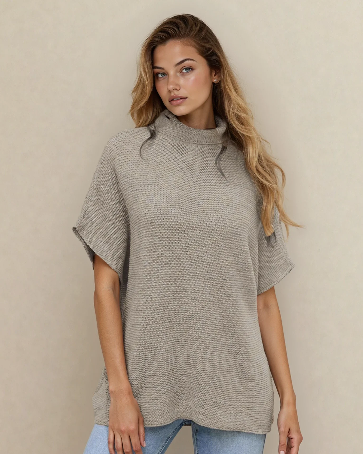 Maya Mock Neck Short Sleeve Sweater - Stone - Image 2