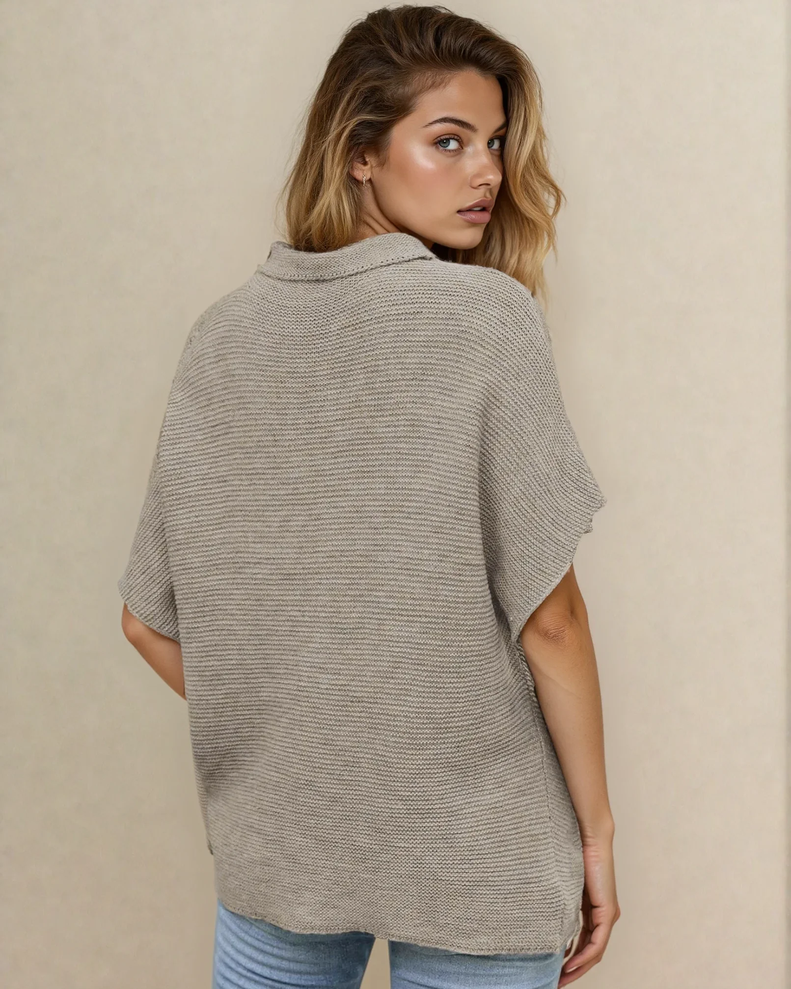 Maya Mock Neck Short Sleeve Sweater - Stone - Image 4