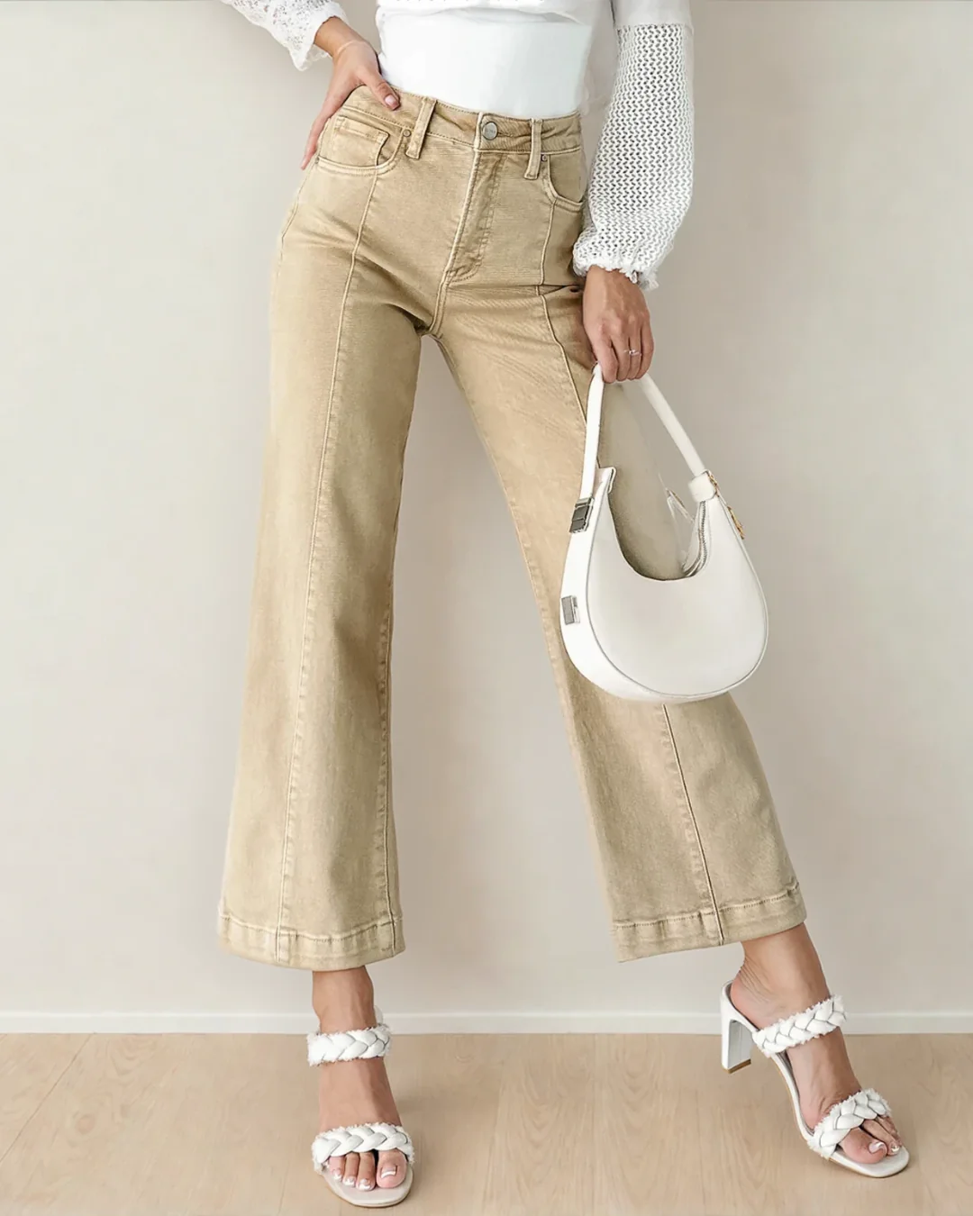 Elsie Solid Color Seamed Center Wide Leg Cropped Jeans - Apricot - Image 4
