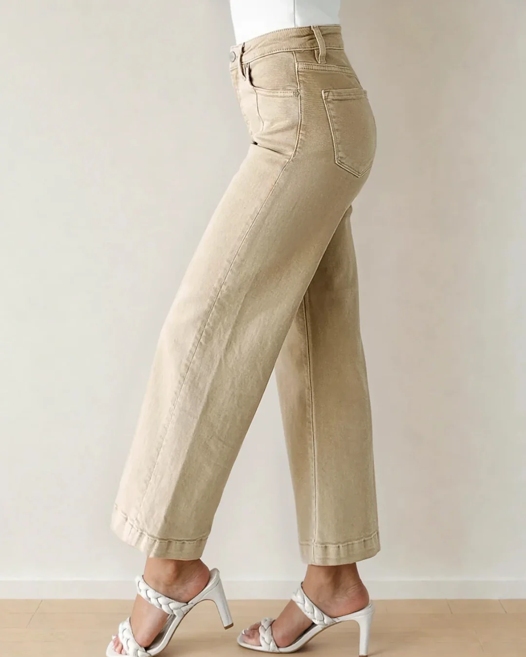 Elsie Solid Color Seamed Center Wide Leg Cropped Jeans - Apricot - Image 5