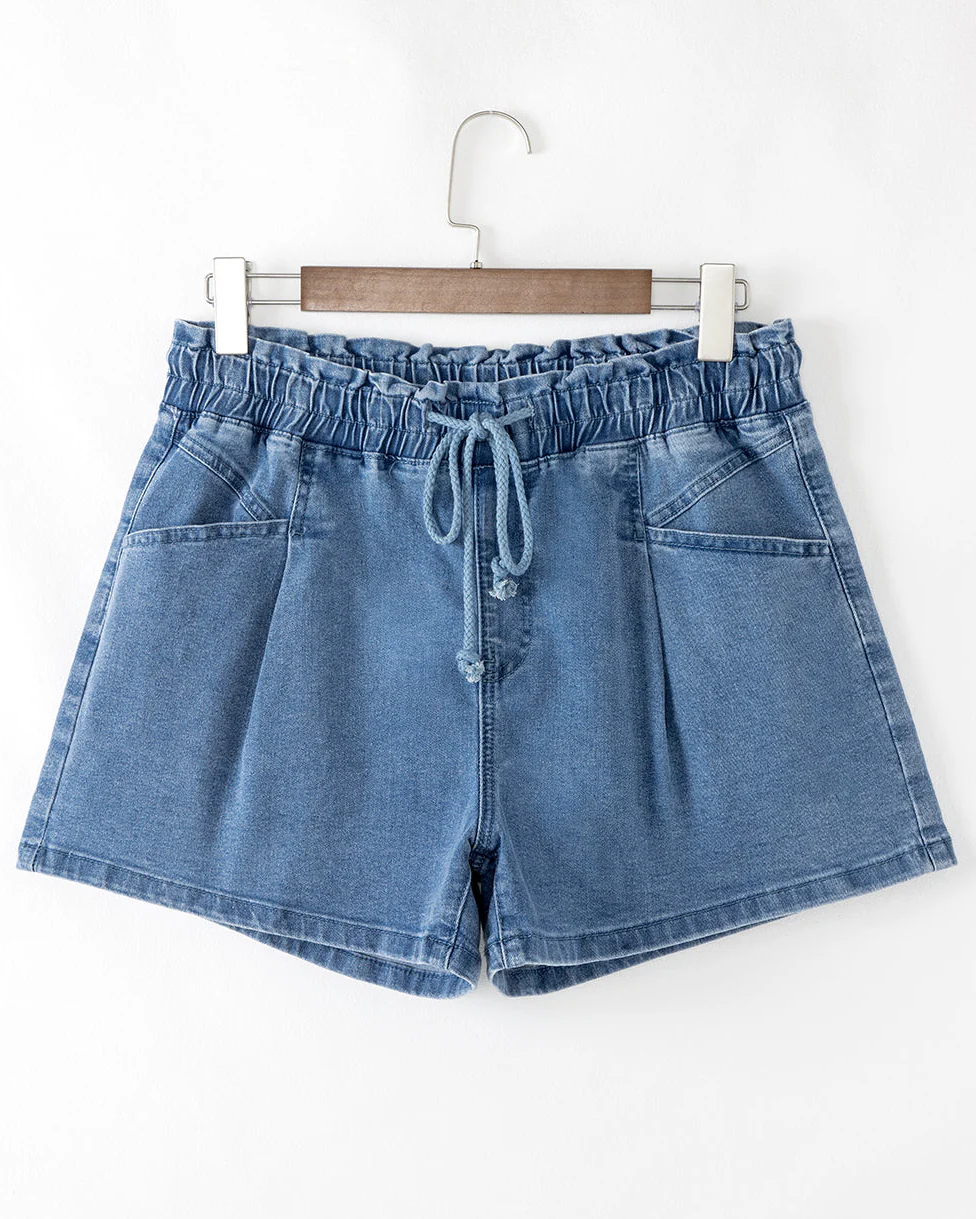 Monroe Blue Drawstring High Waist Casual Denim Shorts - Image 3