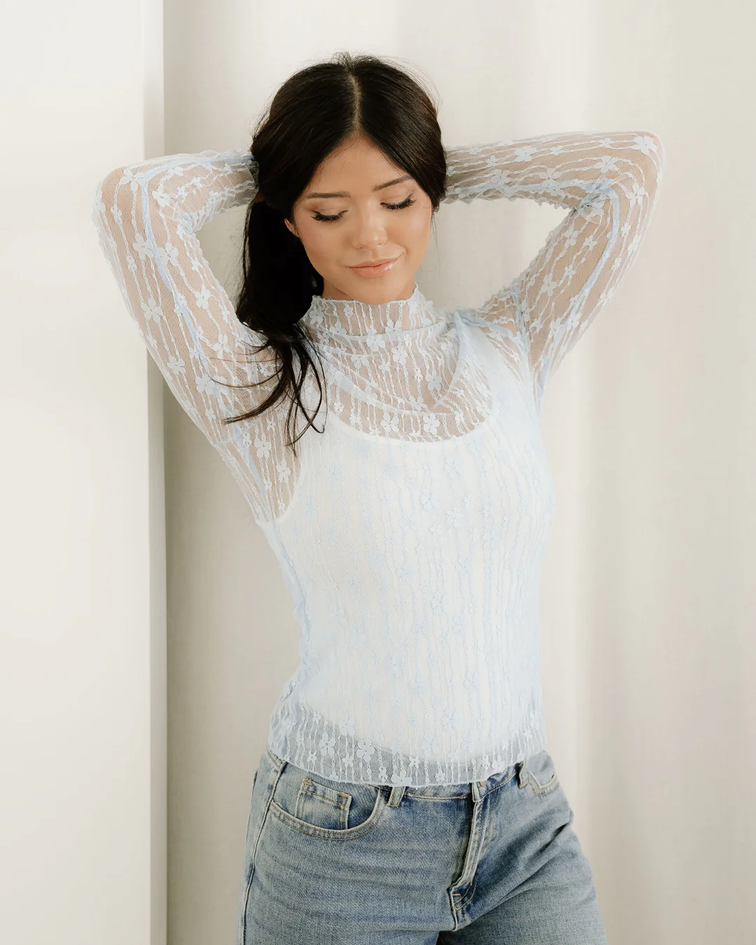 Claire Floral Lace Long Sleeve Slim Fit Top - Blue - Image 5