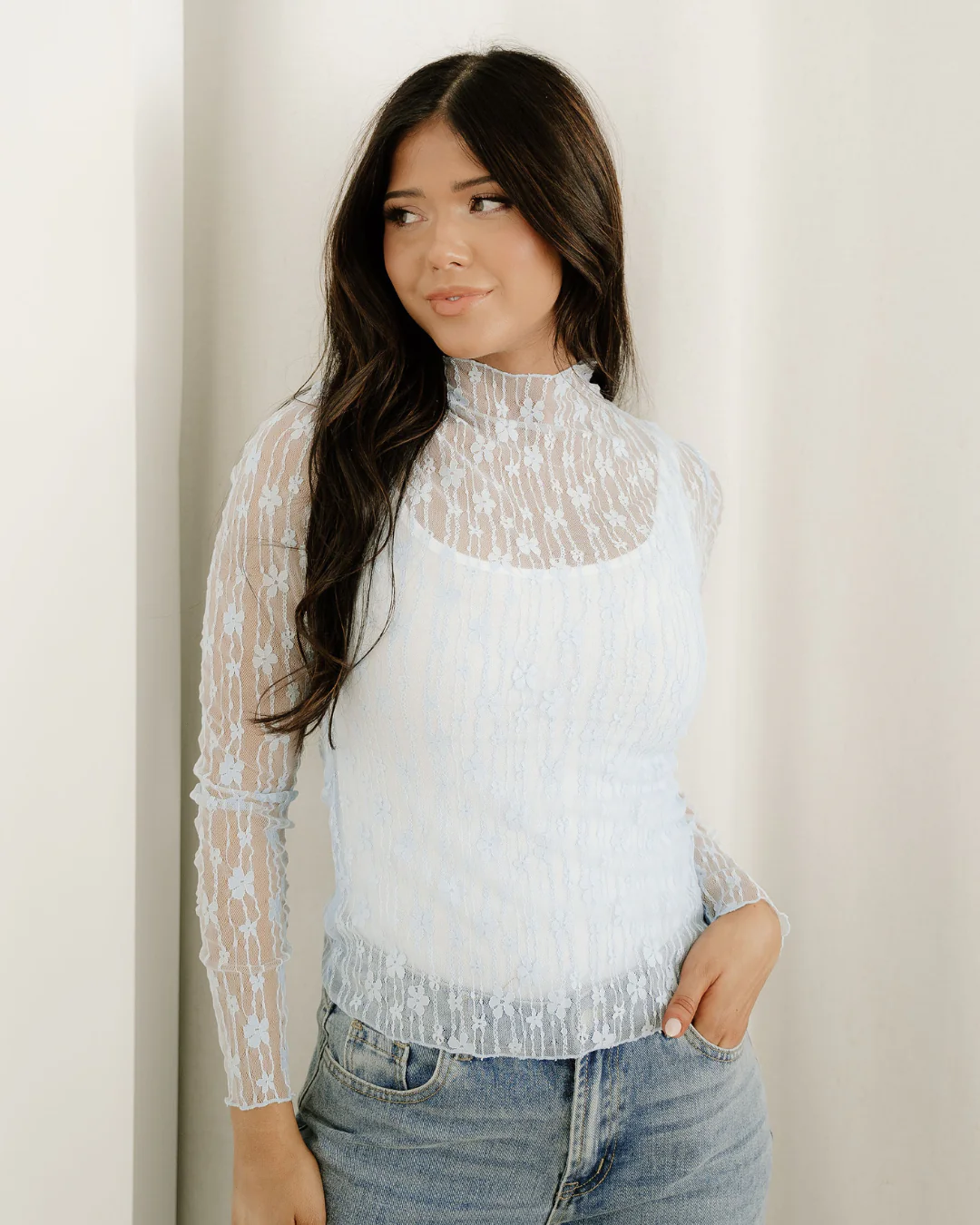 Claire Floral Lace Long Sleeve Slim Fit Top - Blue - Image 6