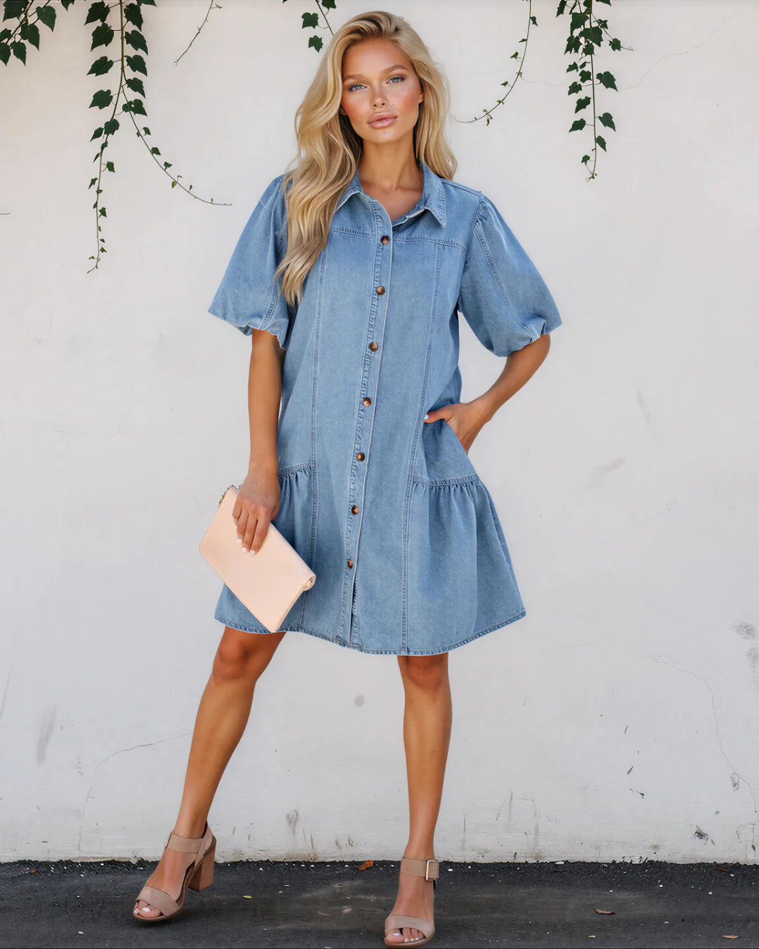 Rowen Button Down Short Puff Sleeve Ruffle Hem Patchwork Denim Dress - Image 2
