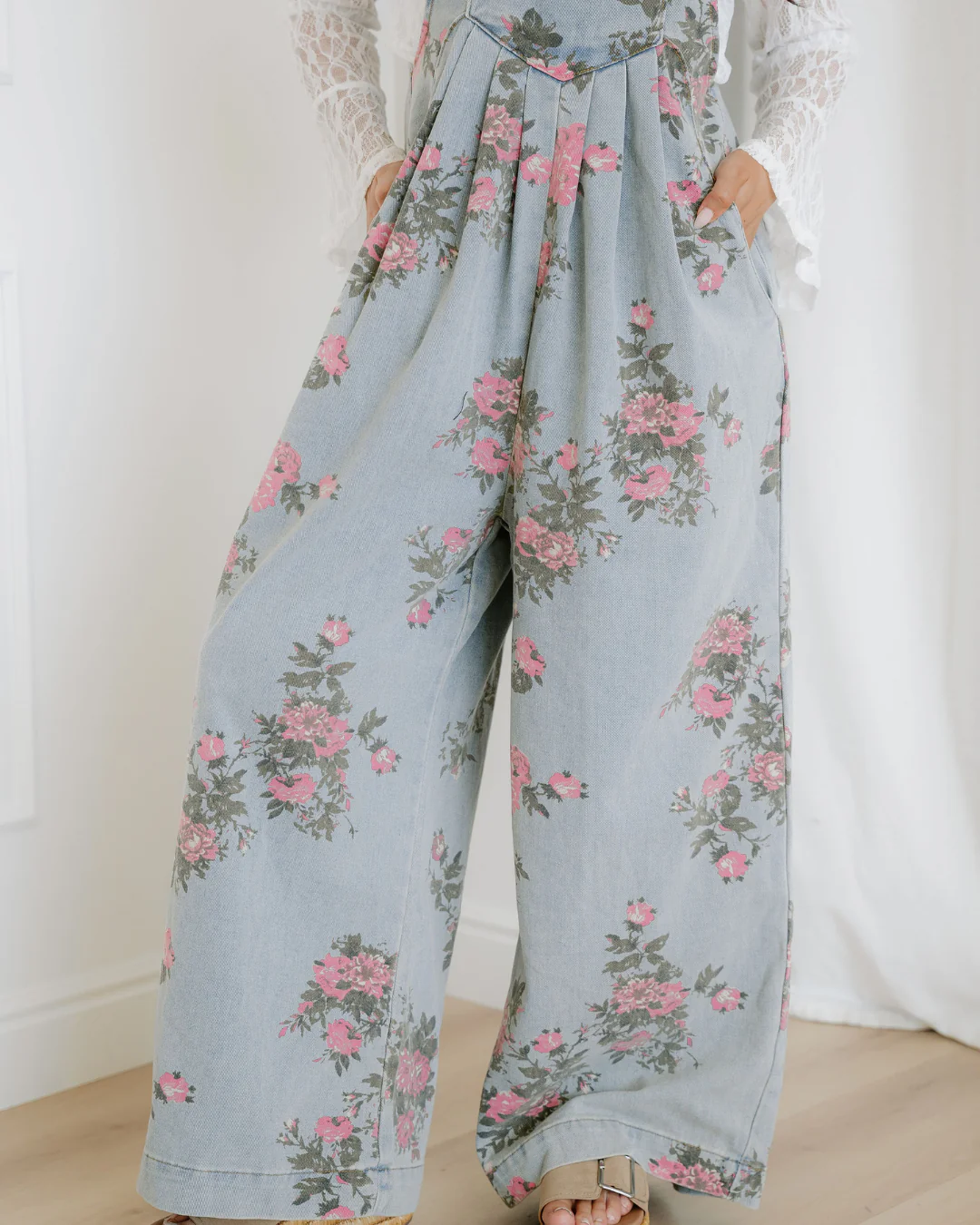 Floral Pleated Wide Leg Denim Overalls - Image 7