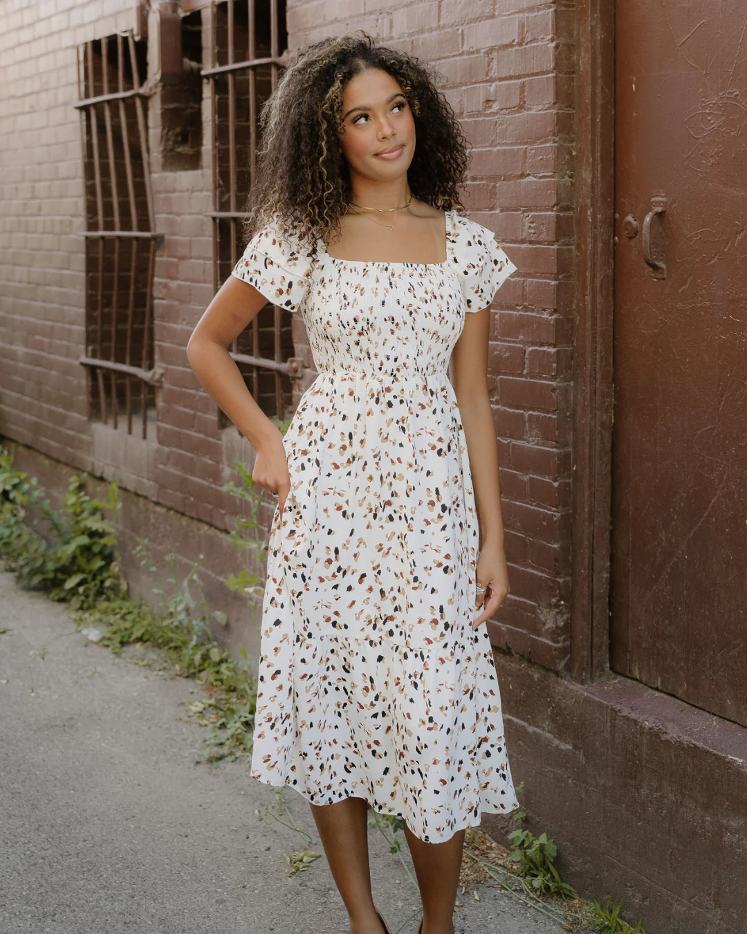 Estelle Ditsy Floral Print Smocked Square Neck Ruffle Short Sleeve Dress - Image 3