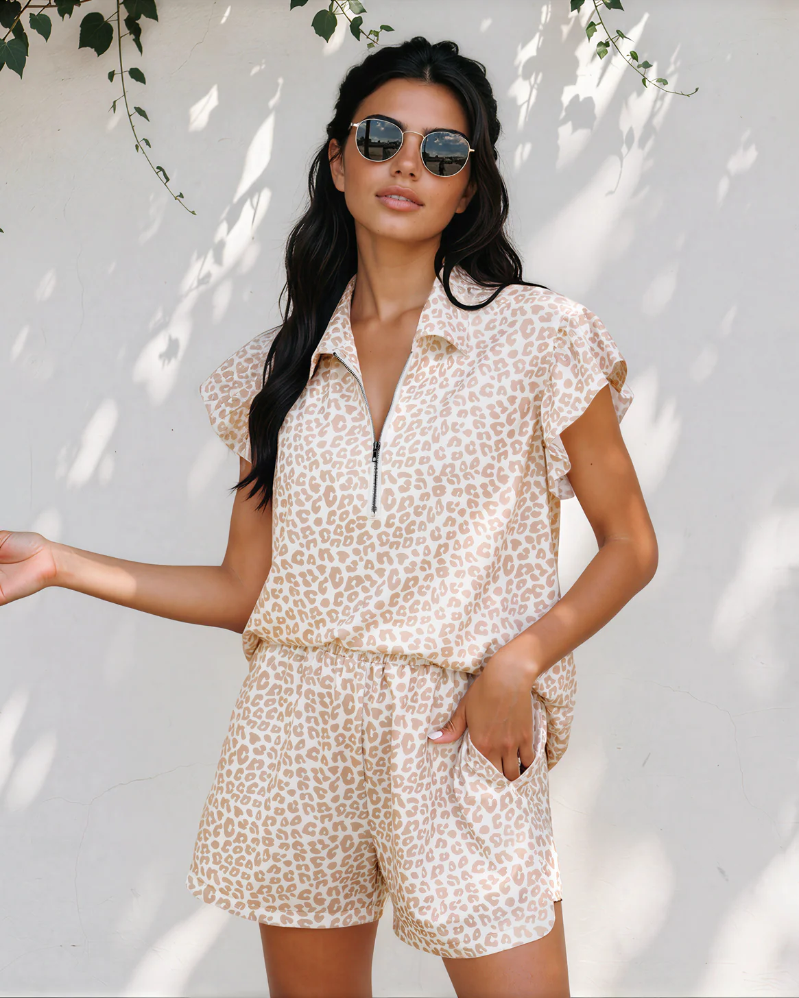 Leopard Zip Polo Top 2pcs Short Set - Image 4