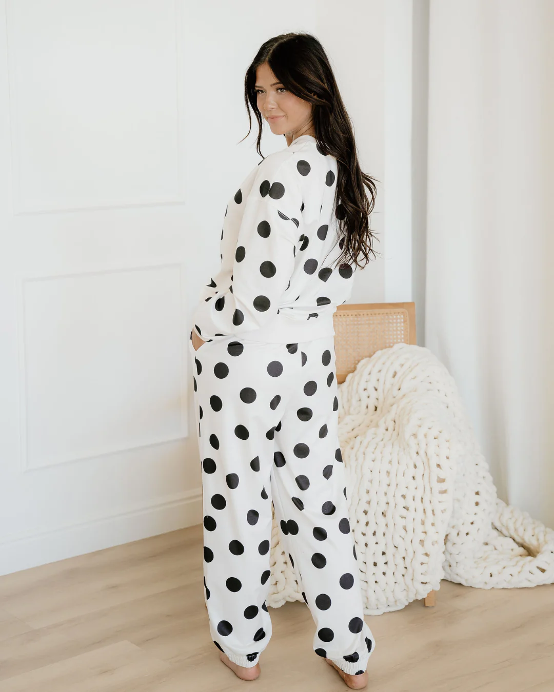 Polka Dot Print Drop Shoulder Pullover Drawstring Jogger Pant Set - Beige - Image 12