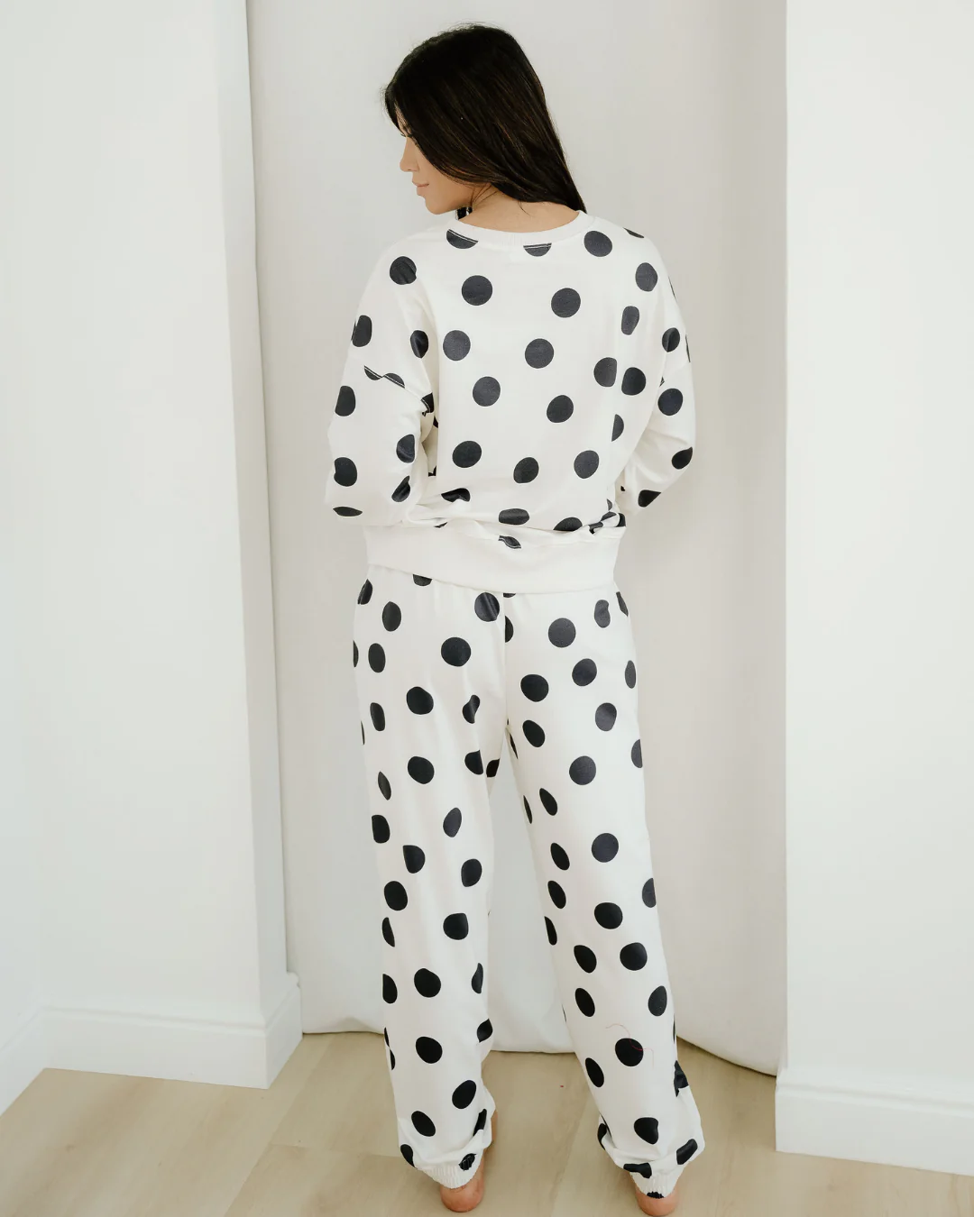 Polka Dot Print Drop Shoulder Pullover Drawstring Jogger Pant Set - Beige - Image 13