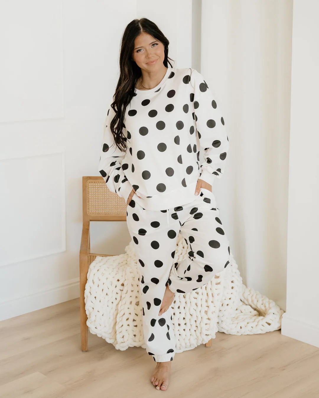 Polka Dot Print Drop Shoulder Pullover Drawstring Jogger Pant Set - Beige - Image 2