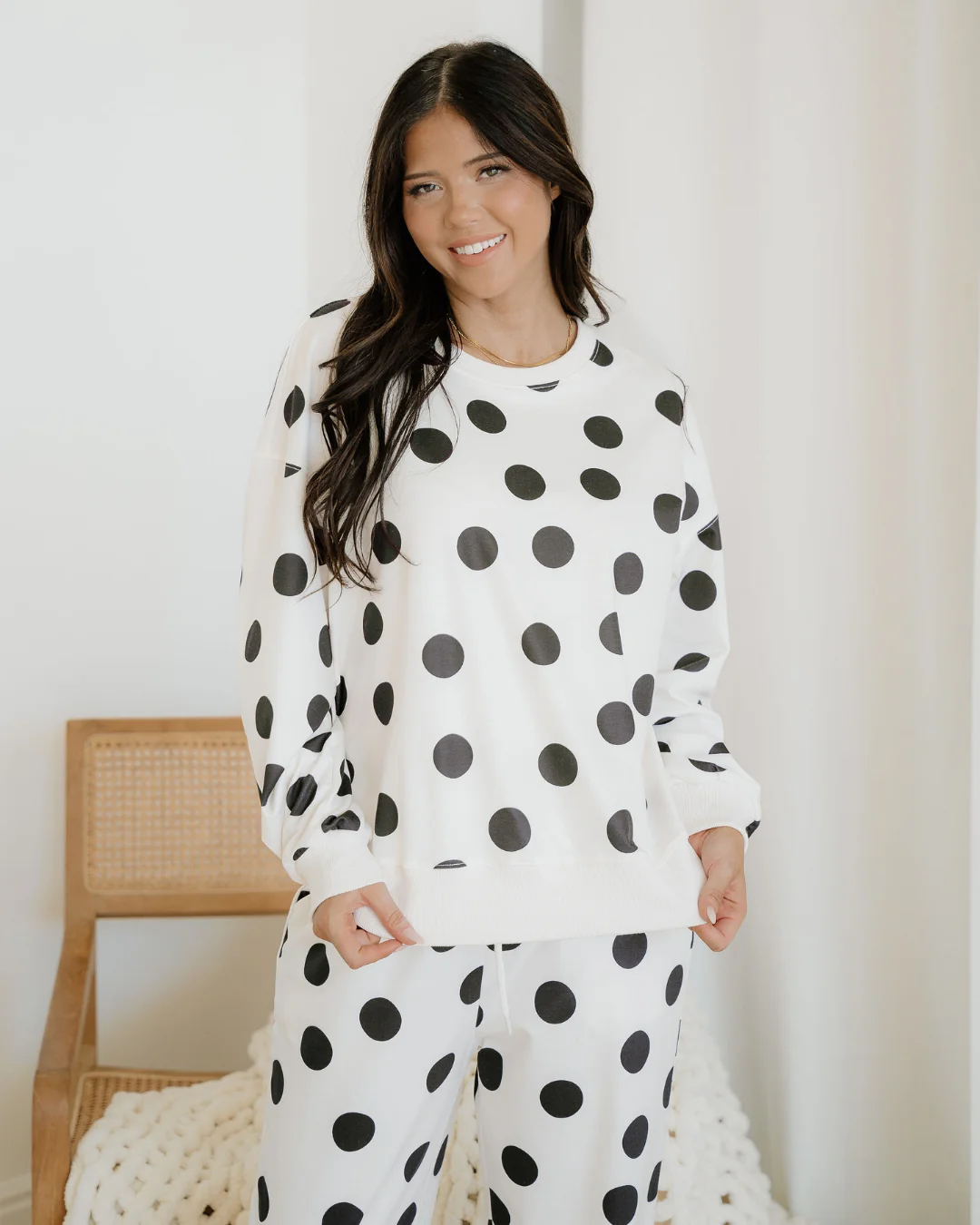Polka Dot Print Drop Shoulder Pullover Drawstring Jogger Pant Set - Beige - Image 4