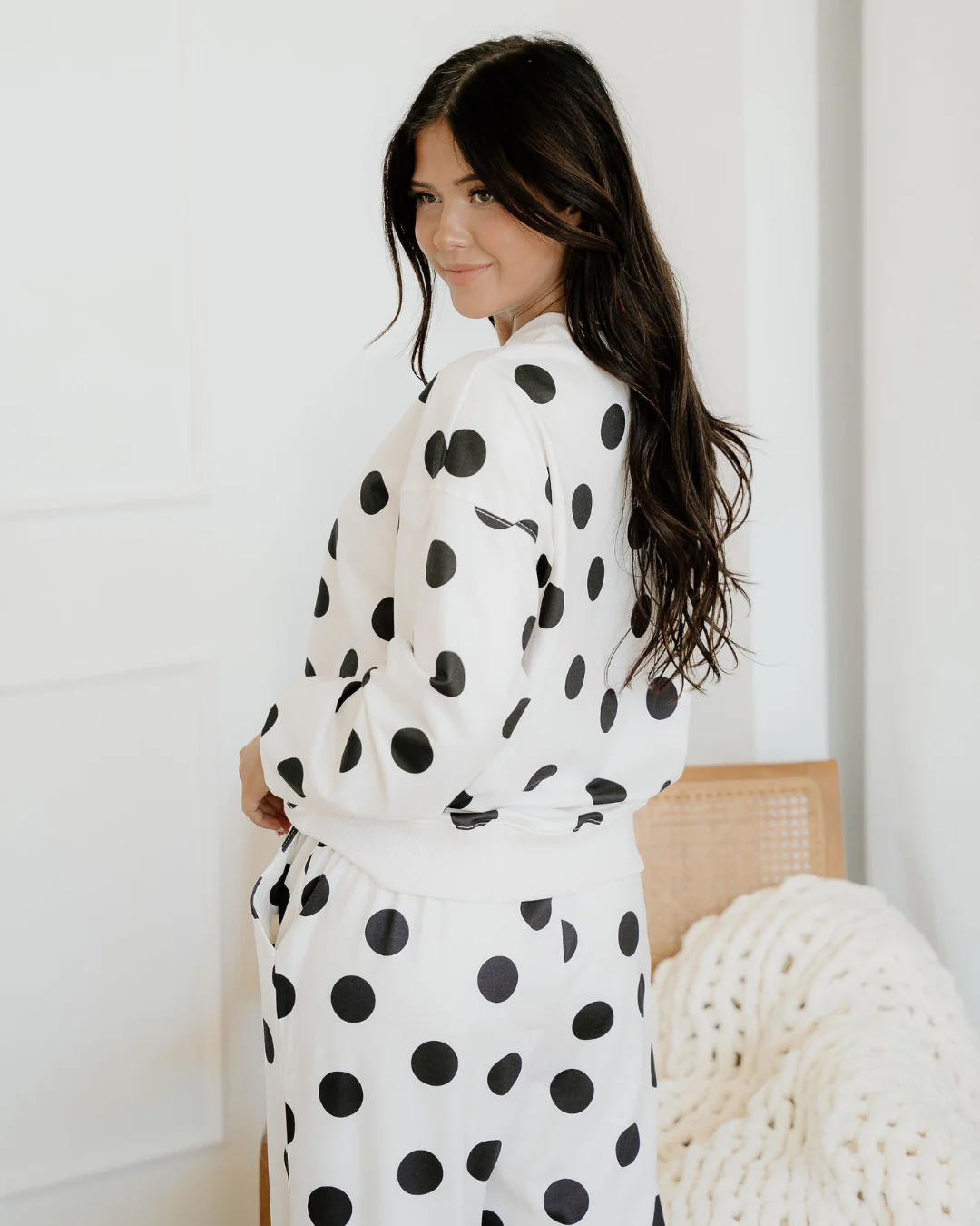 Polka Dot Print Drop Shoulder Pullover Drawstring Jogger Pant Set - Beige - Image 6