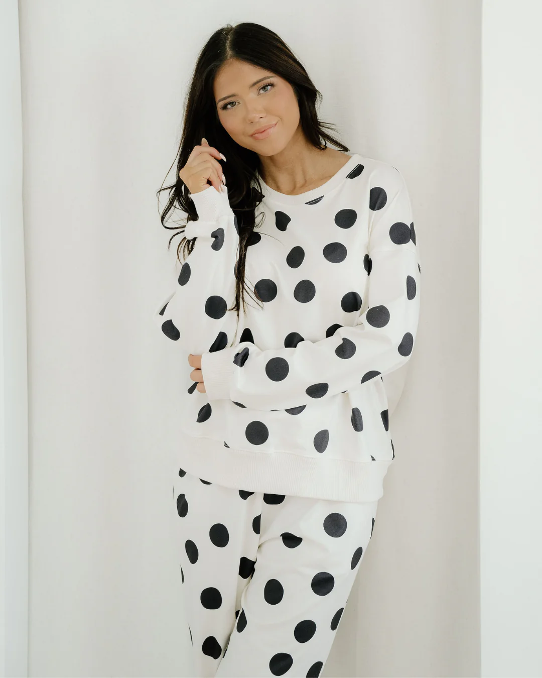 Polka Dot Print Drop Shoulder Pullover Drawstring Jogger Pant Set - Beige - Image 8