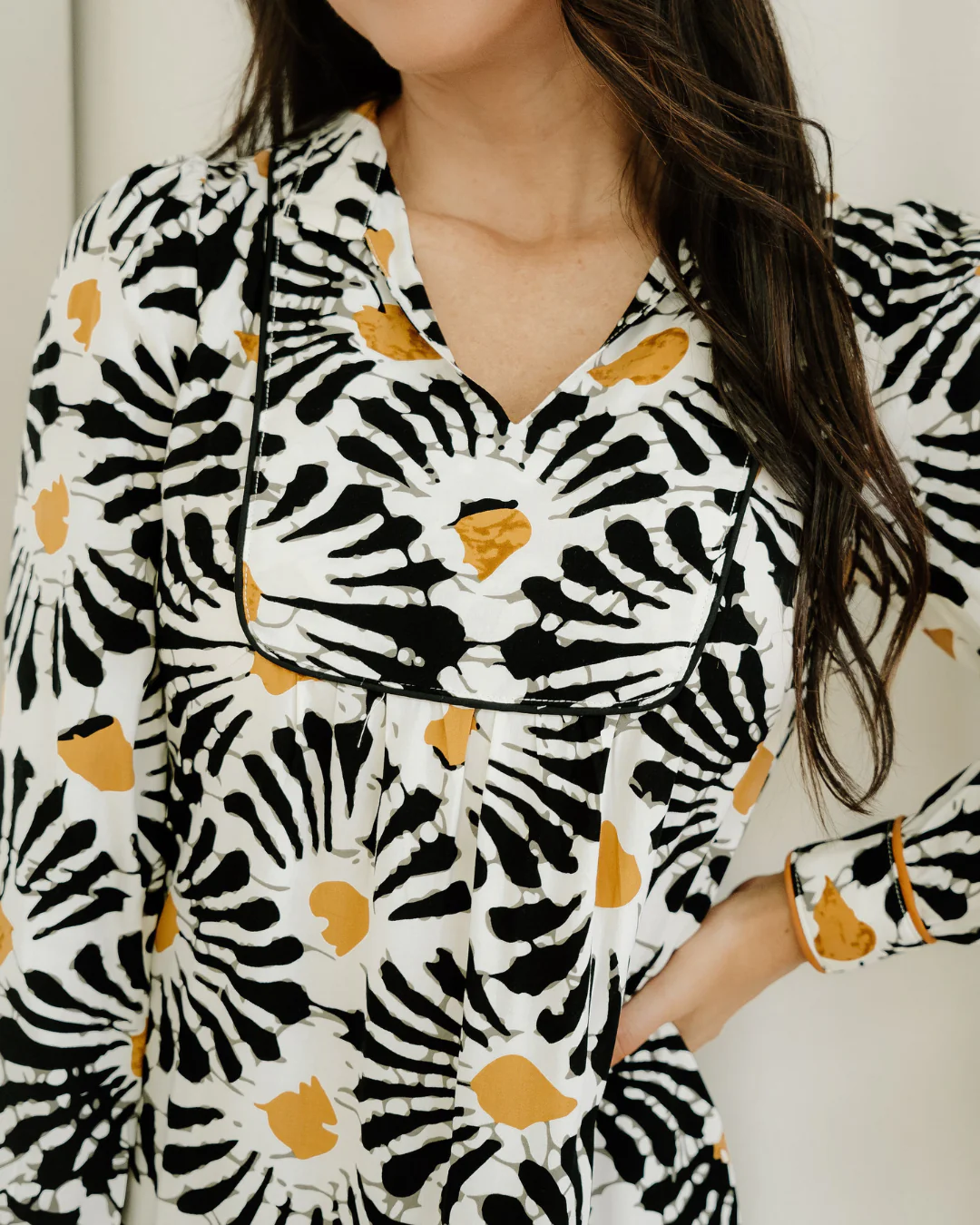 Lucille Abstract Floral Print Split V Neck Long Dress with Sleeves - Image 5
