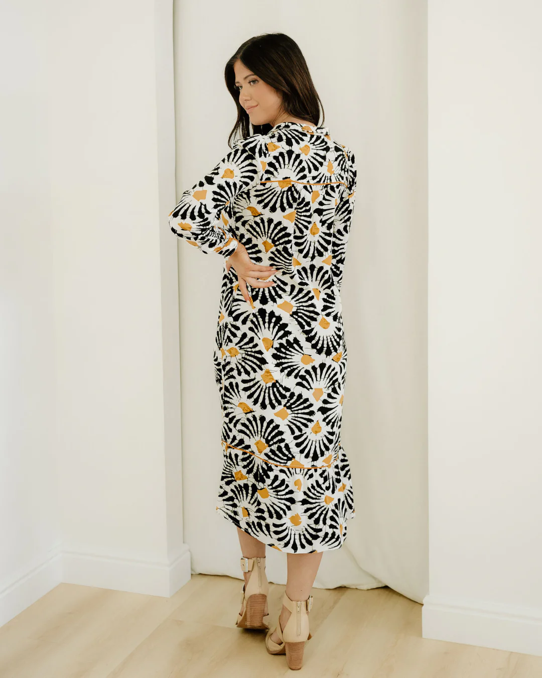 Lucille Abstract Floral Print Split V Neck Long Dress with Sleeves - Image 8