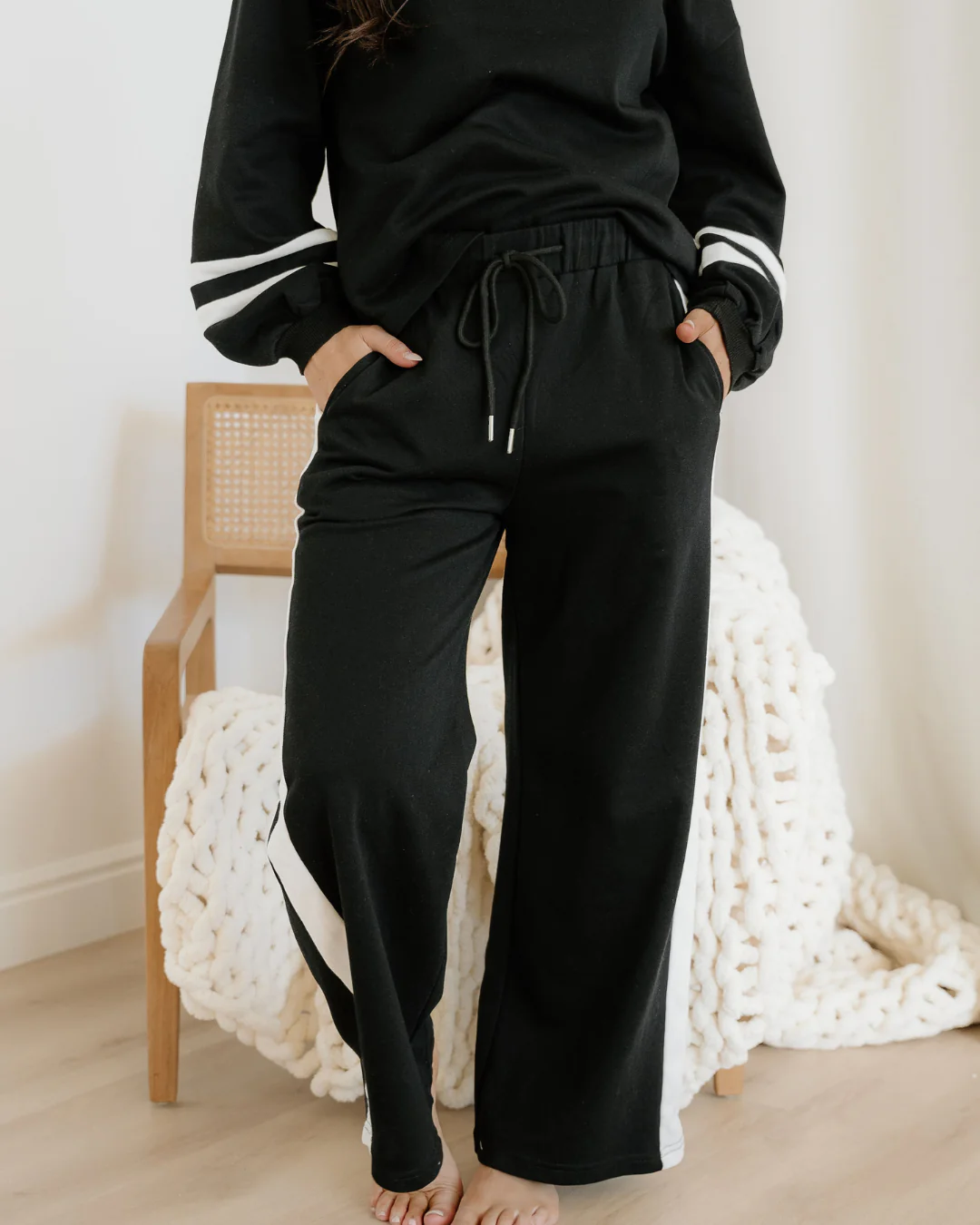 Jordyn Varsity Stripe  Drawstring Wide Leg Pant Set - Black - Image 4
