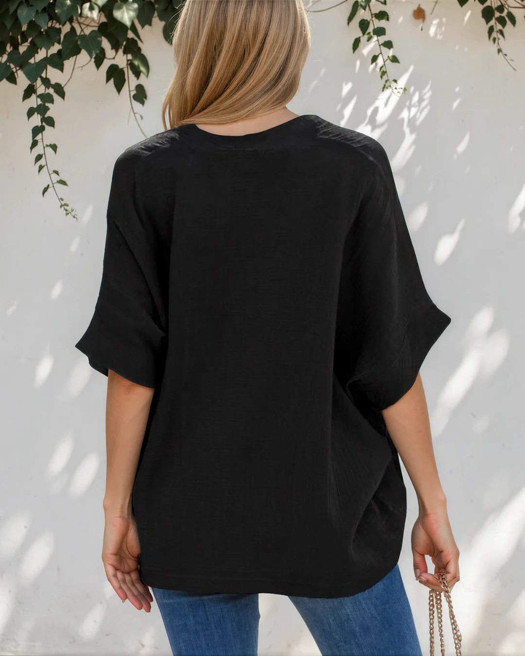 Capri Frayed Batwing Sleeve Textured Cotton Blouse - Black - Image 4