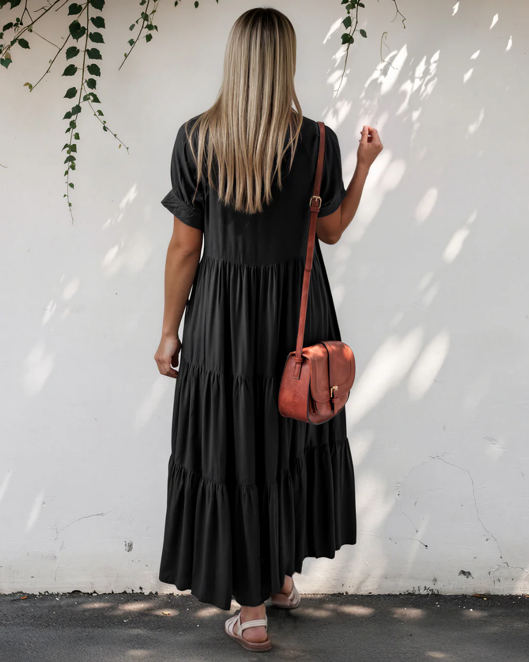 Selah Hidden Buttons Short Sleeve Ruffle Tiered Long Flared Dress - Image 2