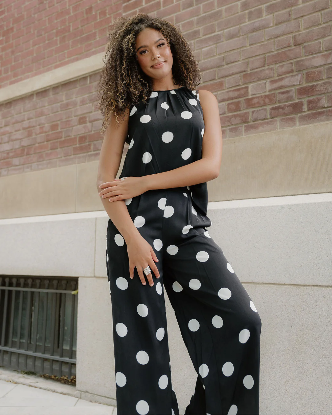Paris Polka Dot Print Pleated Round Neck Tank Casual Wide Leg Two-Piece Outfit - Image 4