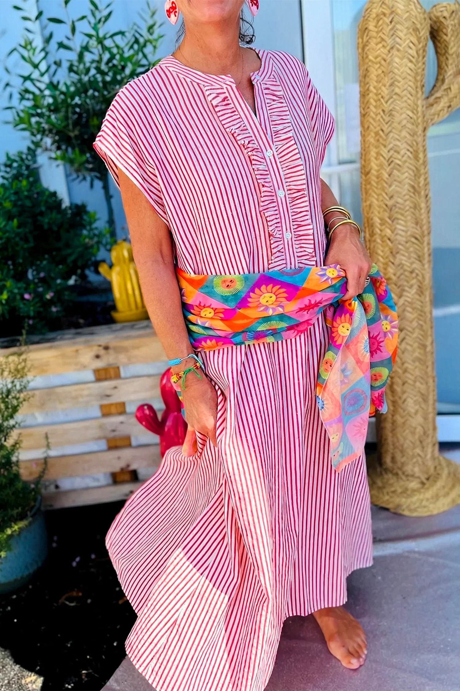 Holly Frilled Detail Half Buttons Short Sleeve Long Dress - Image 16