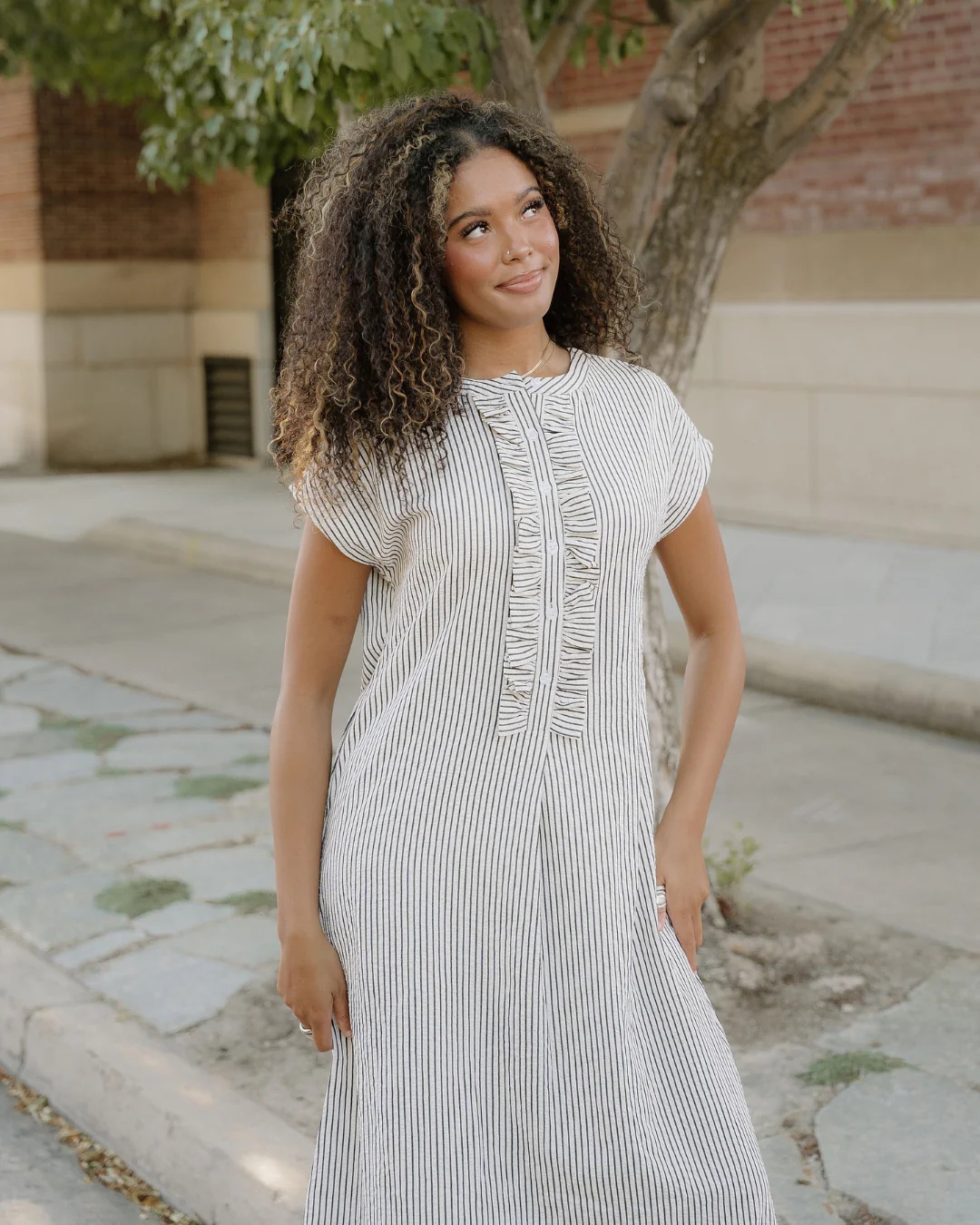 Holly Frilled Detail Half Buttons Short Sleeve Long Dress - Image 5