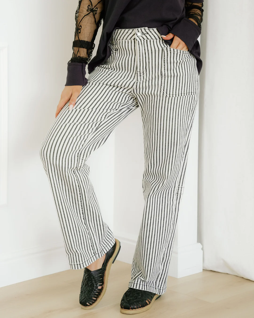 Cassie Stripe Patch Pocket High Waist Shift Denim Jeans - Image 2