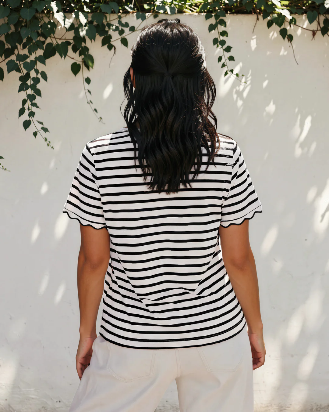 Collette Stripe Scalloped Trim Round Neck T Shirt - Black - Image 2
