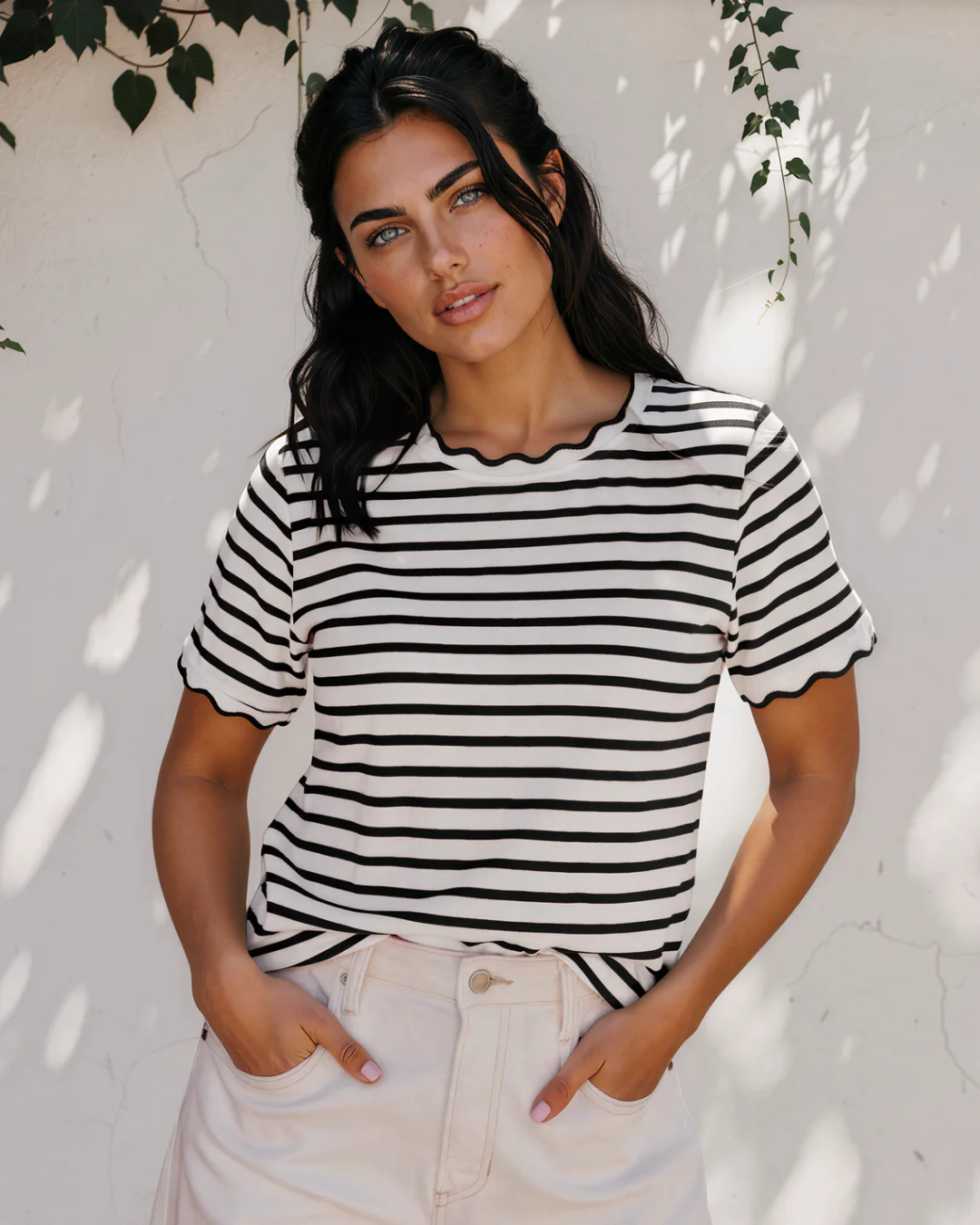 Collette Stripe Scalloped Trim Round Neck T Shirt - Black - Image 3
