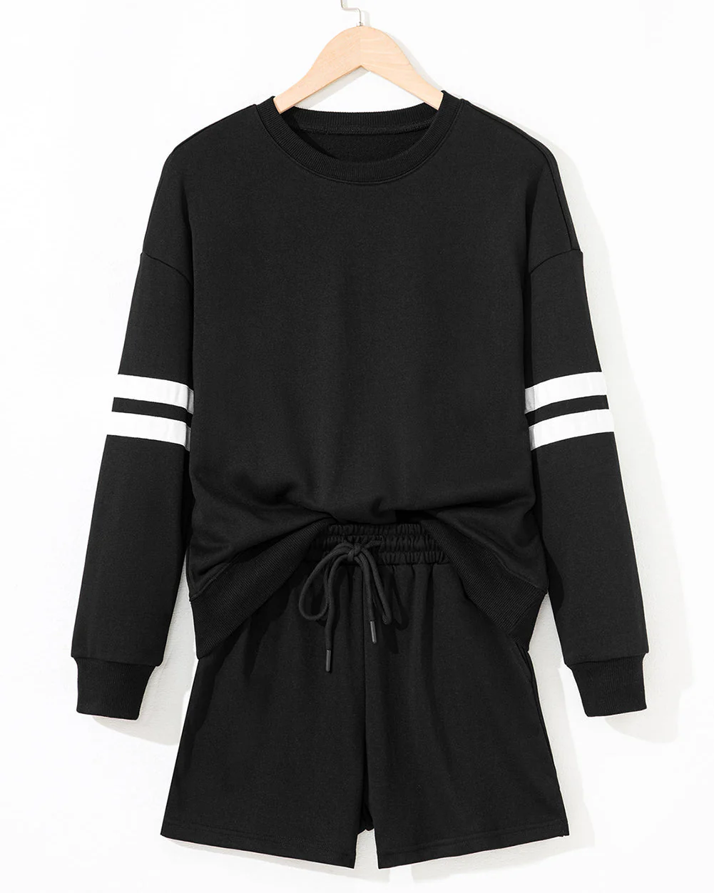 Striped Sweatshirt and Shorts Set - Black - Image 4