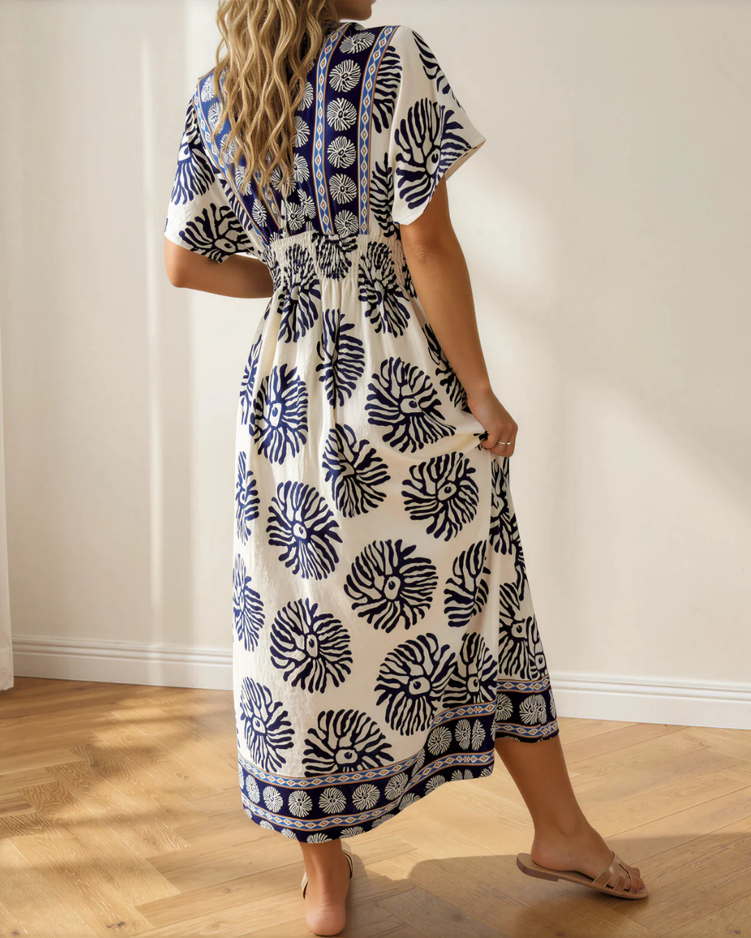 Nalani Boho Floral Print Contrast Patchwork V Neck Dolman Maxi Dress - Image 3
