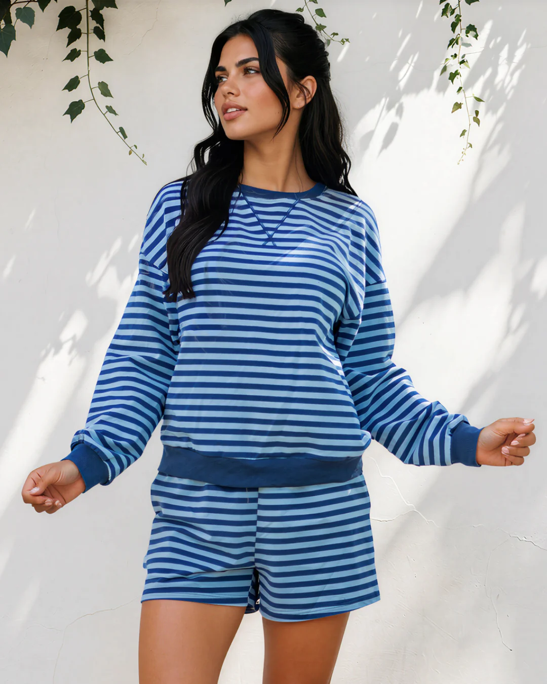 Slow Living Set Stripe Drop Shoulder Long Sleeve Pullover Elastic Waist Casual Short Set