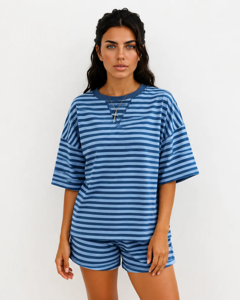 Stay Awhile Set Stripe Striped Ribbed Cotton Two-Piece Short Set with Chest Patch Detail - Blue