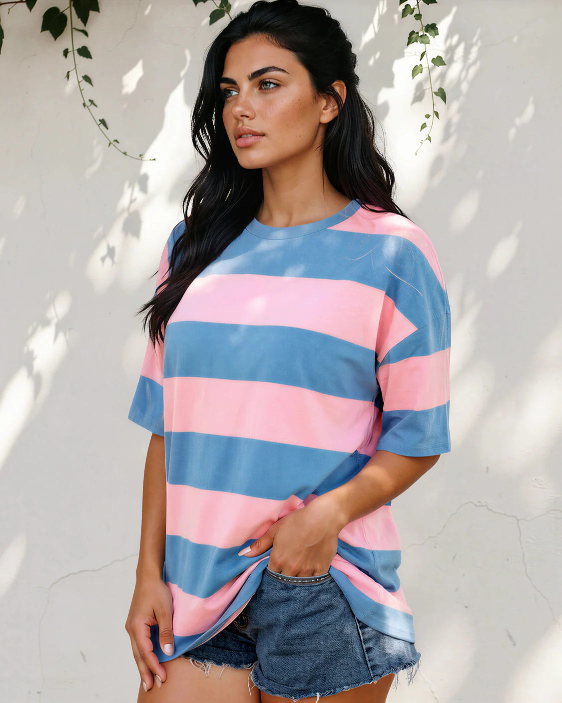 Landry Striped Color Block Oversize Tunic Tee - Pink/Blue