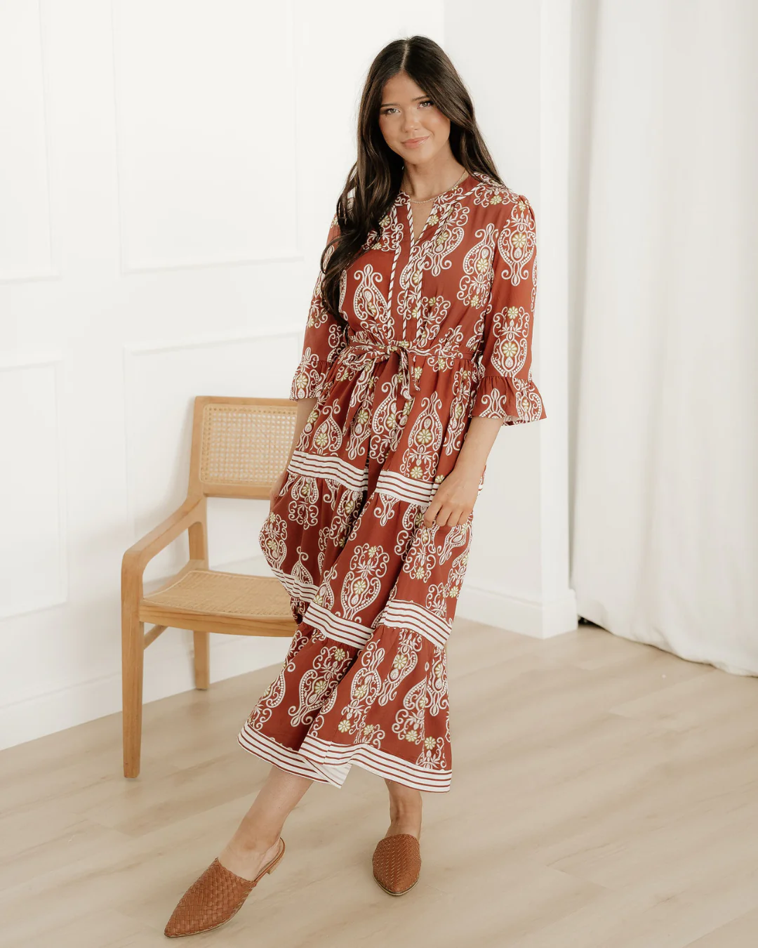 Harmony Floral Print Belted Striped Trim Tiered Maxi Dress - Image 2