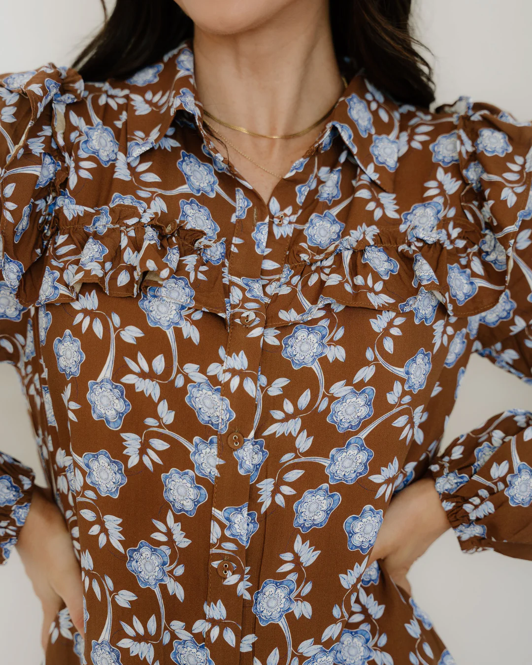Luella Floral Print Ruffled Detail Shirt Collar Button Down Long Sleeve Dress - Image 5