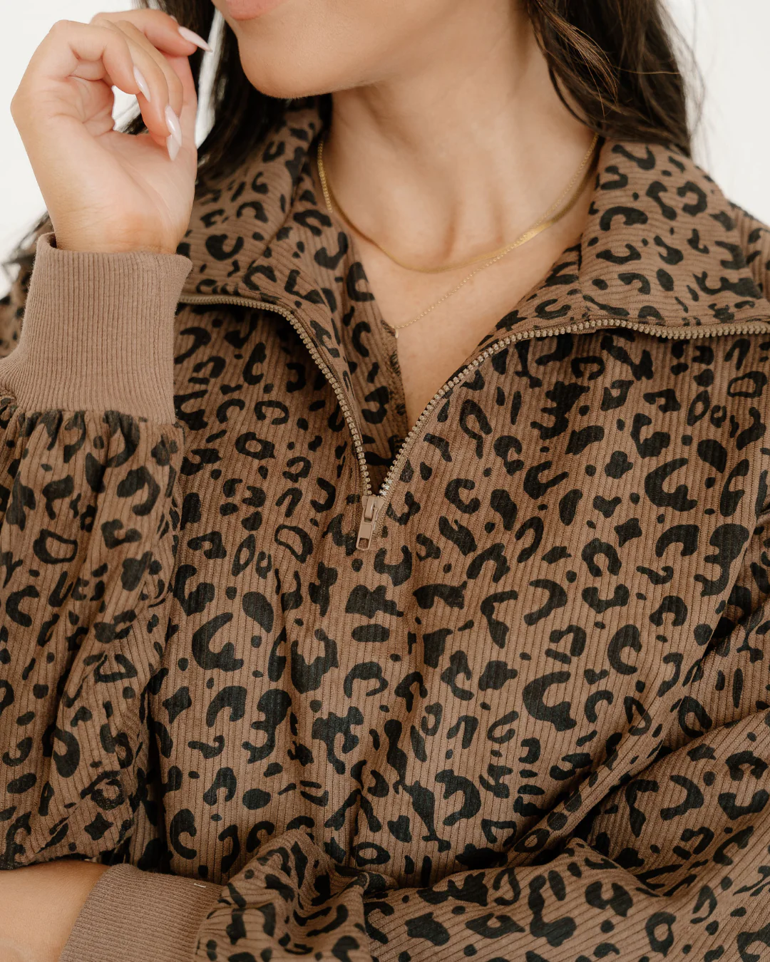 Leopard Print Quarter Zip Corduroy Pullover - Image 3