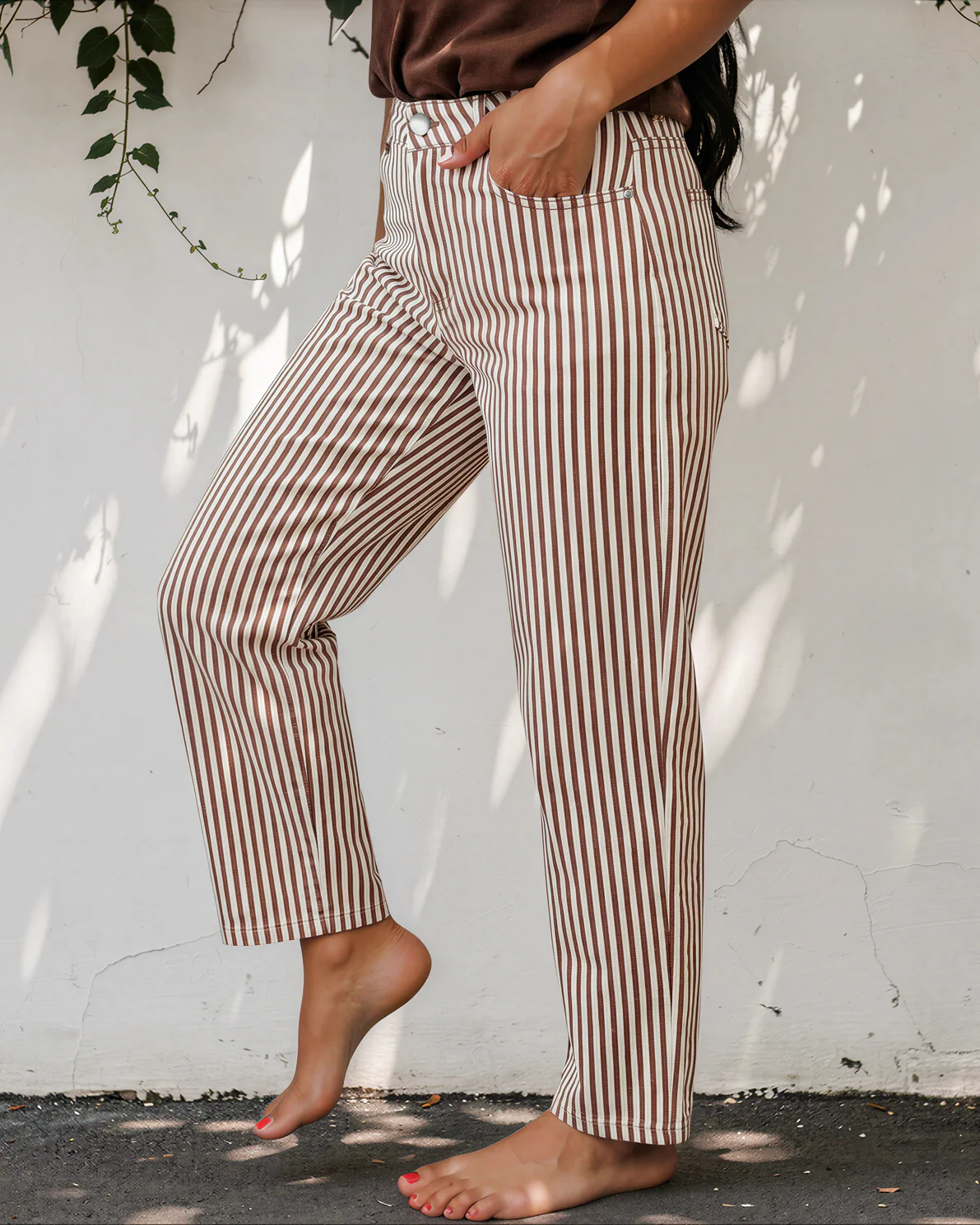 Lennox Stripe Casual Barrel Jeans - Brown - Image 2