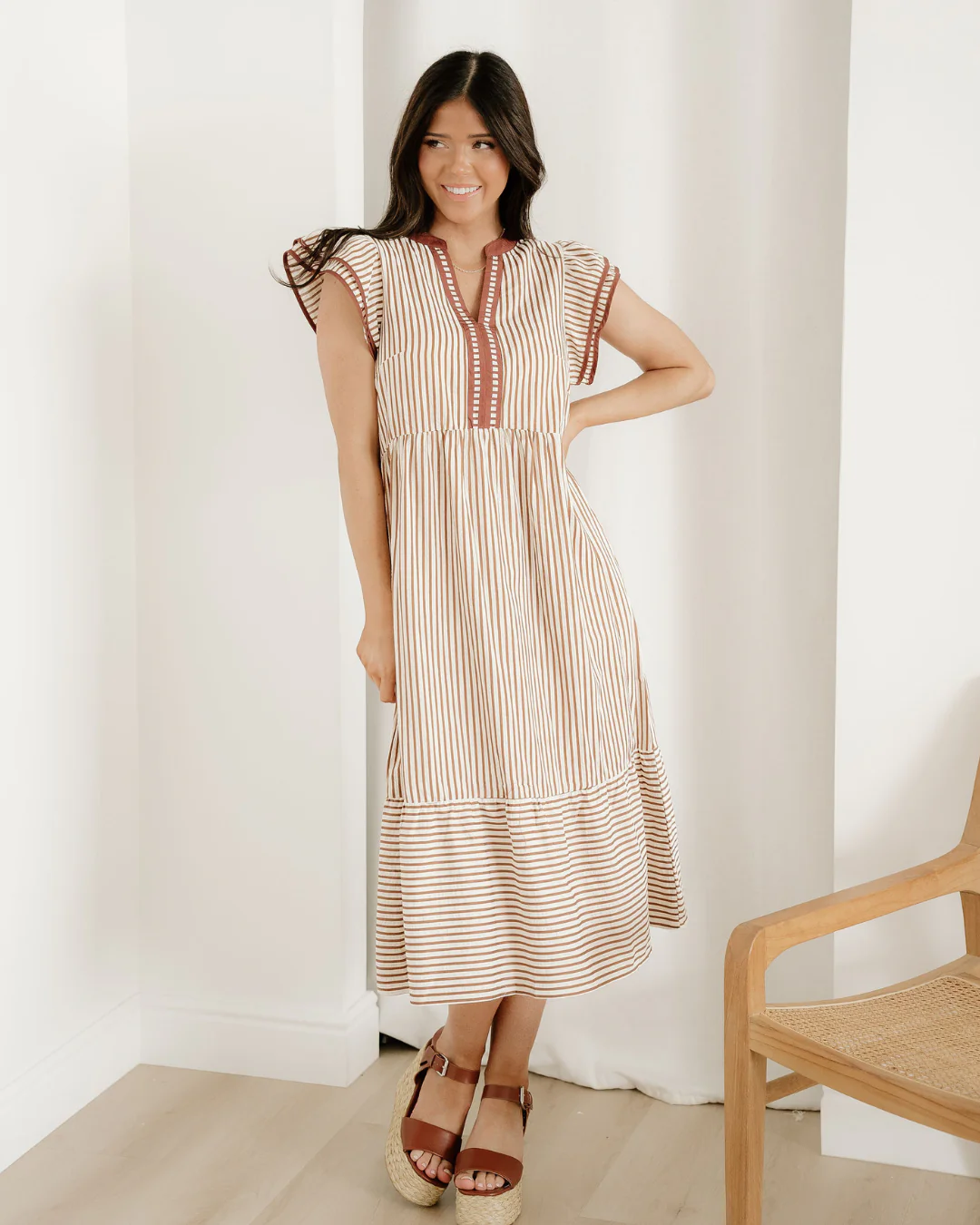 Nyla Double Ruffled Short Sleeve Contrast Trim V Neck Midi Dress - Brown - Image 2