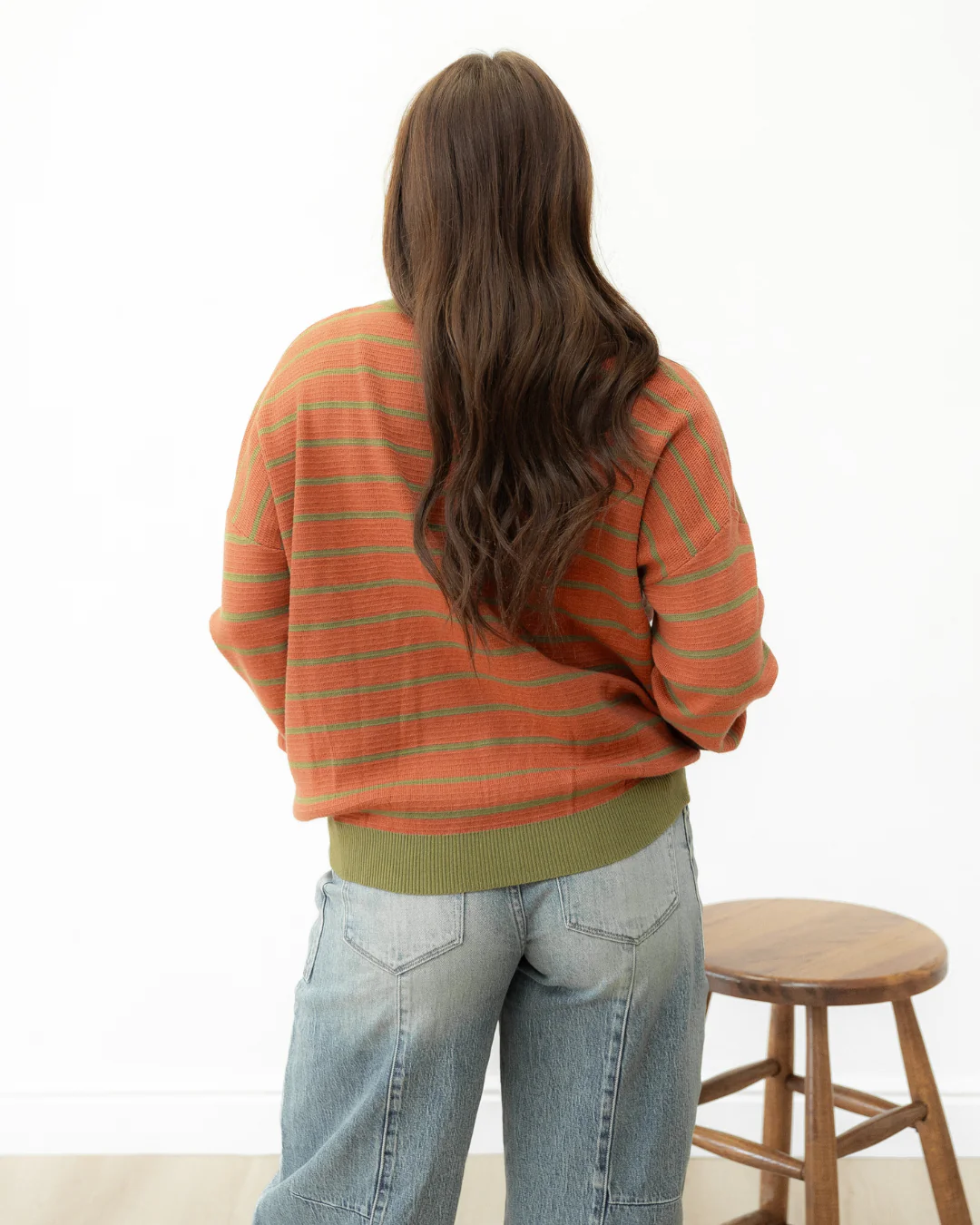 Zya Stripe Round Neck Drop Shoulder Loose Sweater - Brown - Image 5