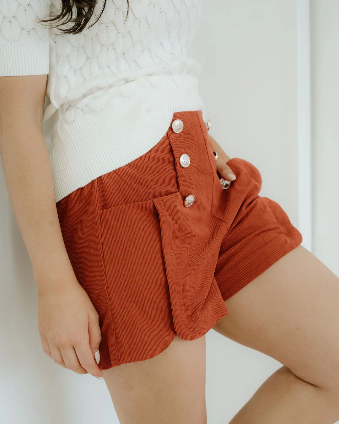 Sienna Button Decor Scalloped Edge High Waist Corduroy Shorts - Image 5