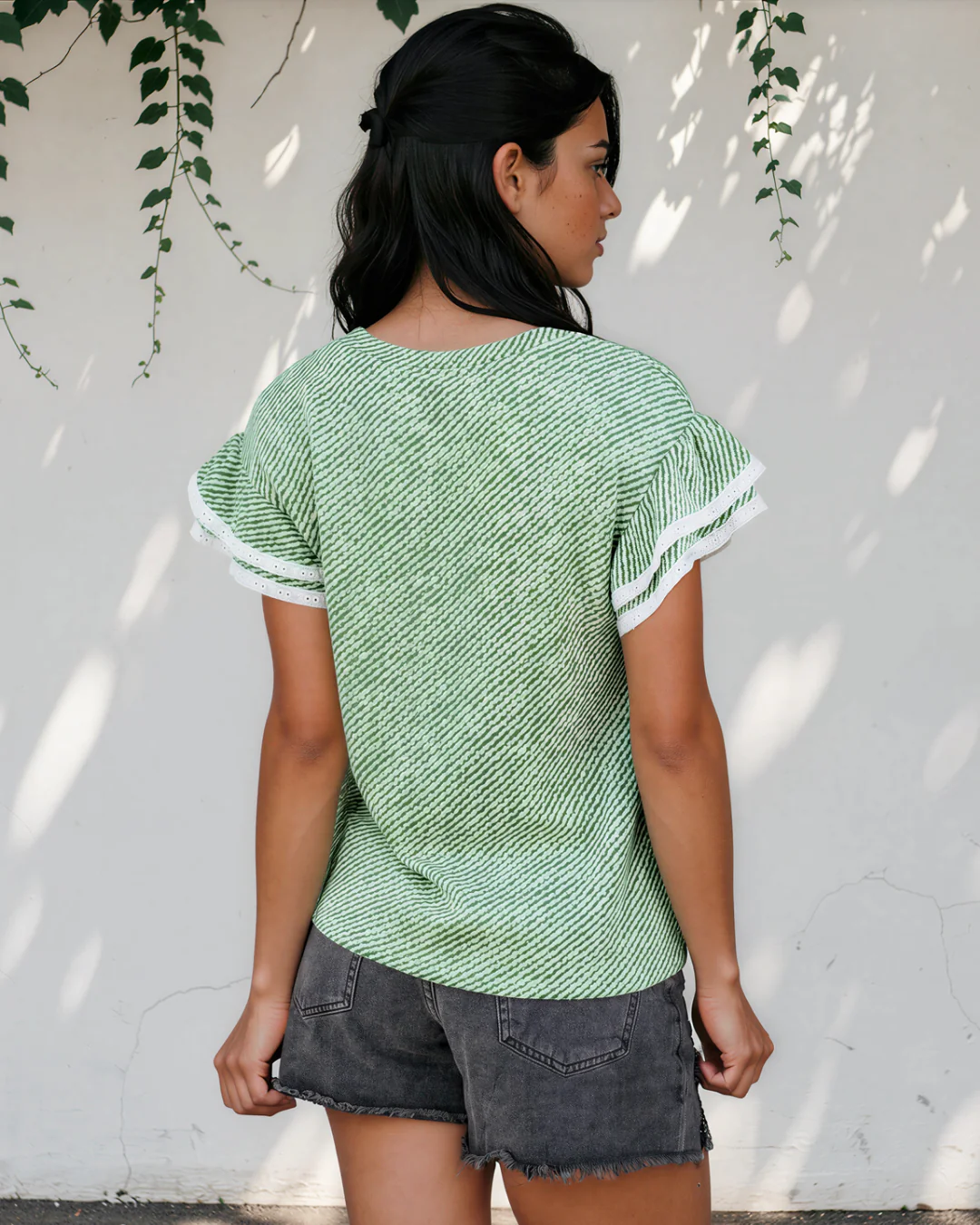 Vienna Twilled Print Lace Trim Ruffled Short Sleeve Blouse - Green - Image 5