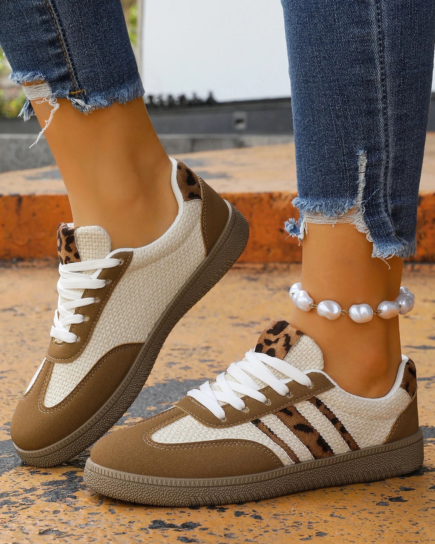 Coffee Color Block Leopard Patchwork Lace-up Sneaker - Image 3