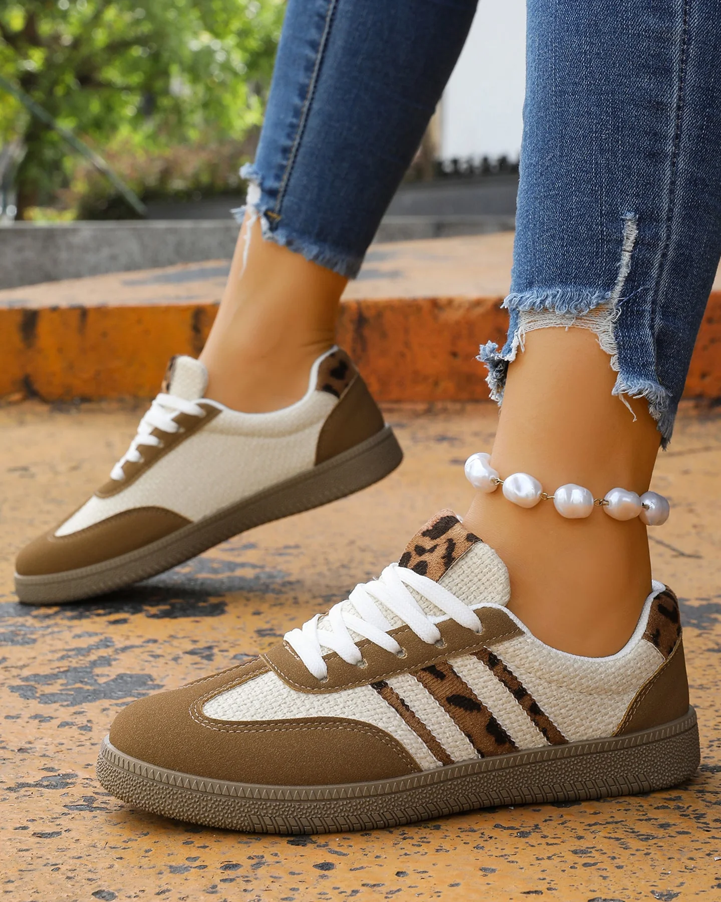 Coffee Color Block Leopard Patchwork Lace-up Sneaker - Image 5