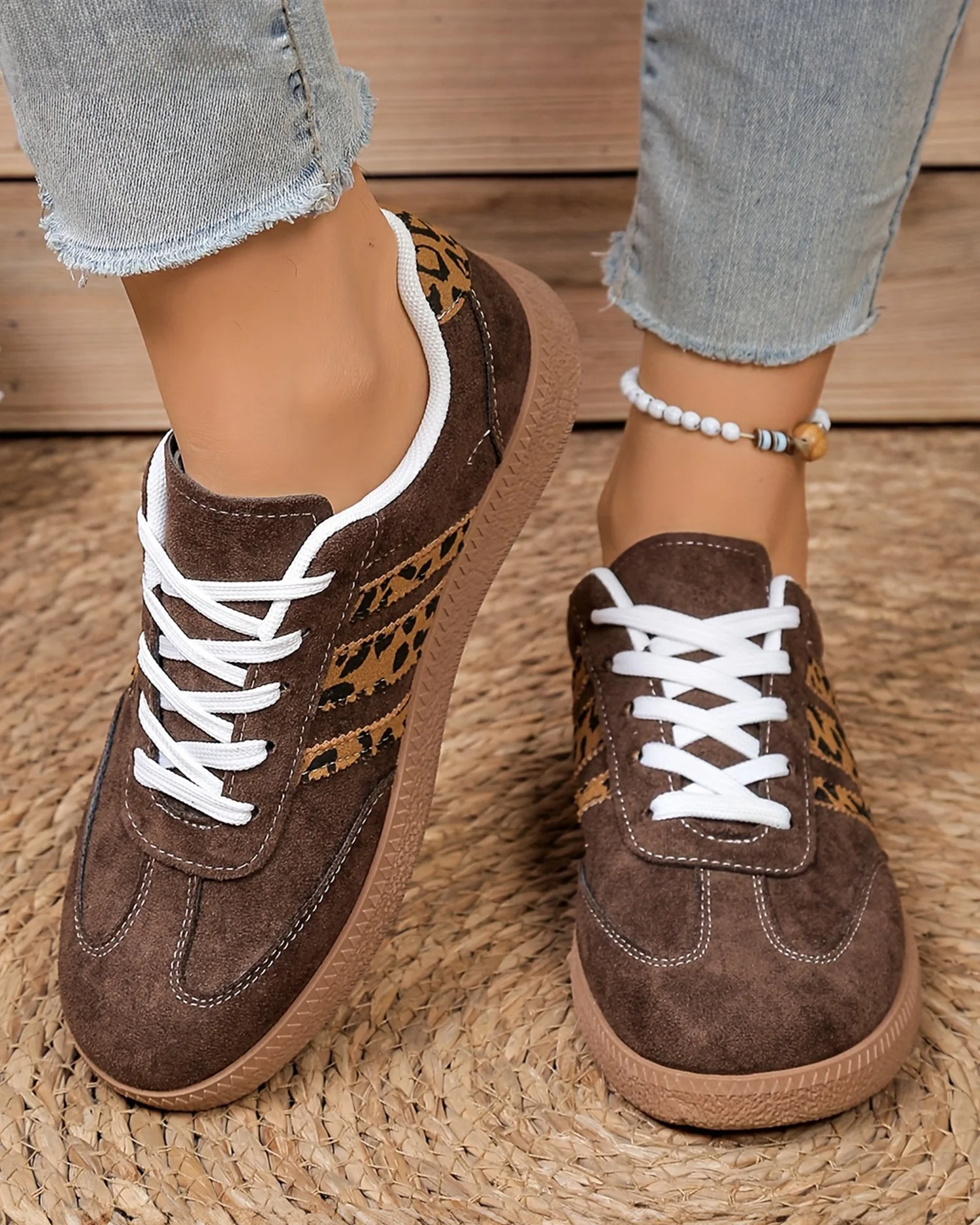 Coffee Contrast Lace-up Leopard Patchwork Detail Shoes - Image 4
