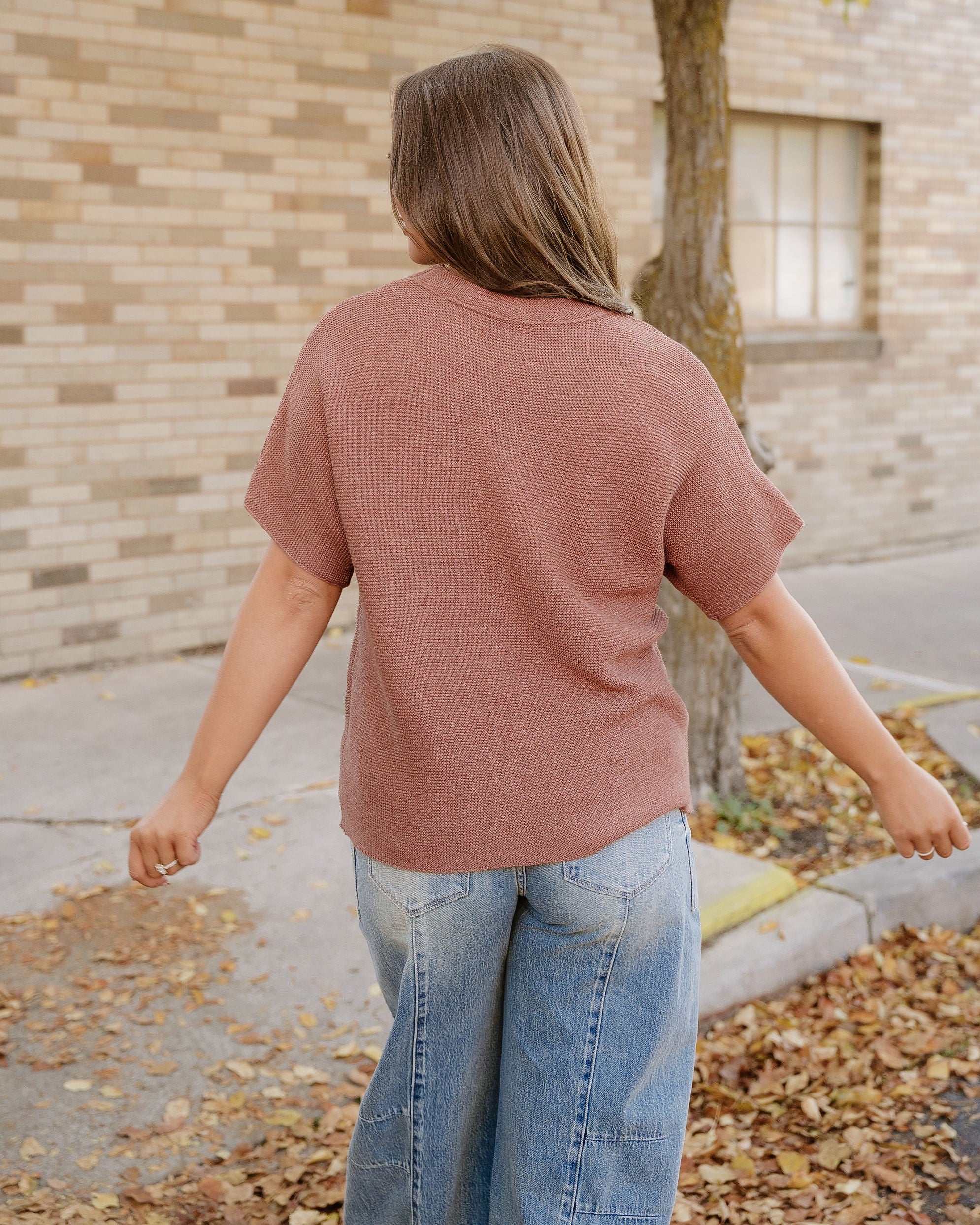 Maya Mock Neck Short Sleeve Sweater - Brown - Image 6