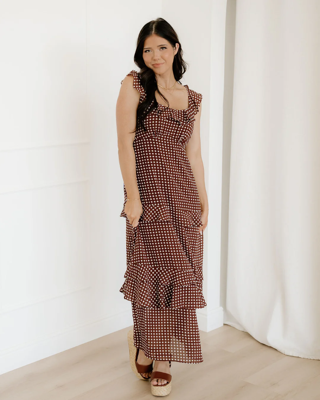 Irene Coffee Polka Dot Print Backless Ruffled Tiered Maxi Dress - Image 2