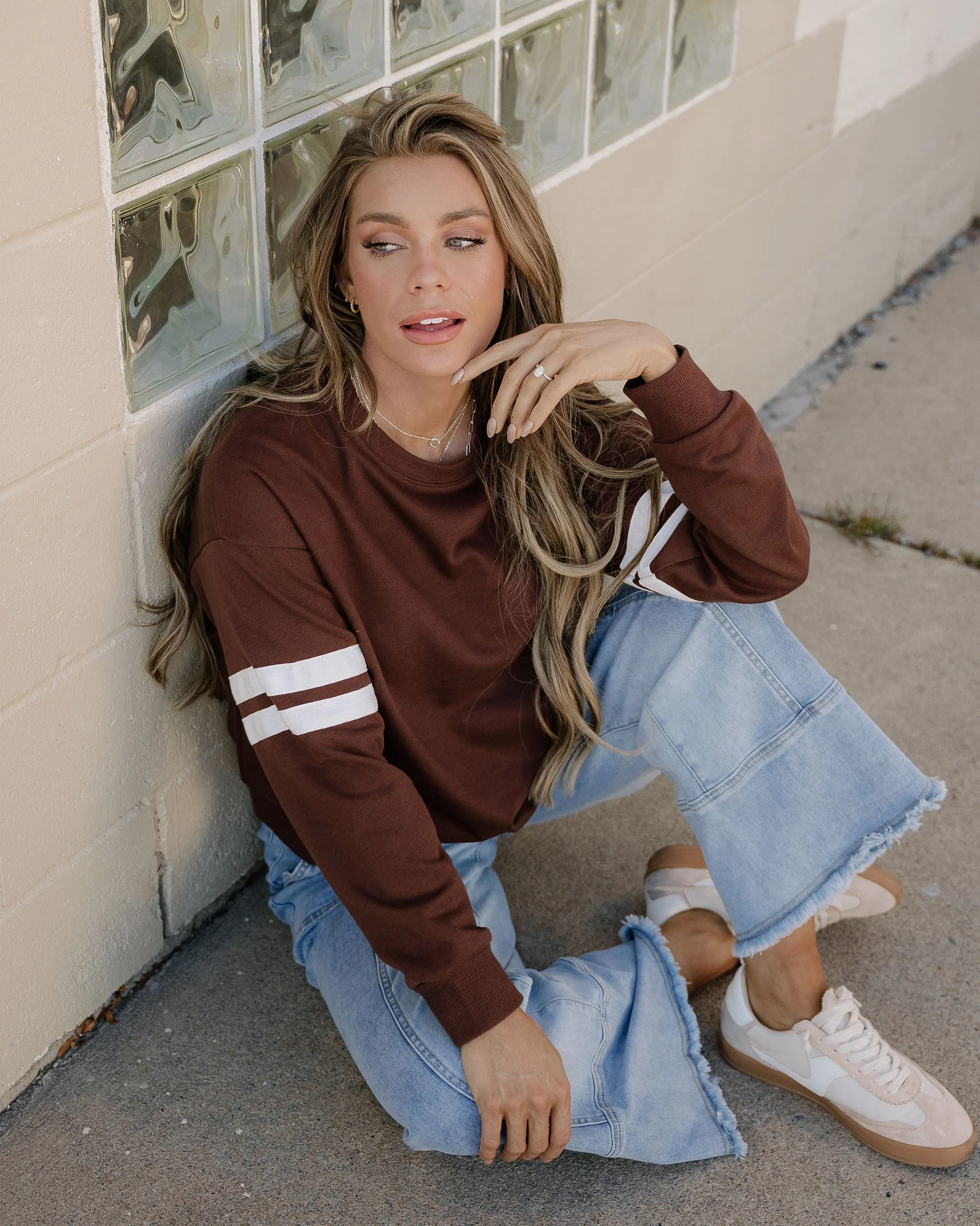 Varsity Striped Sleeve Loose Sweatshirt - Coffee - Image 4